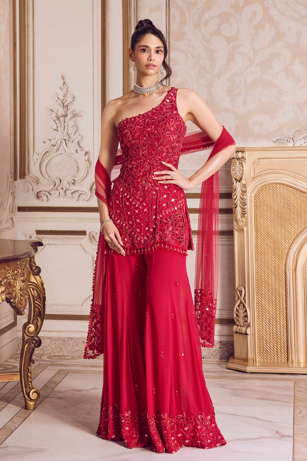 Magenta One Shoulder Kurta And Pants Set