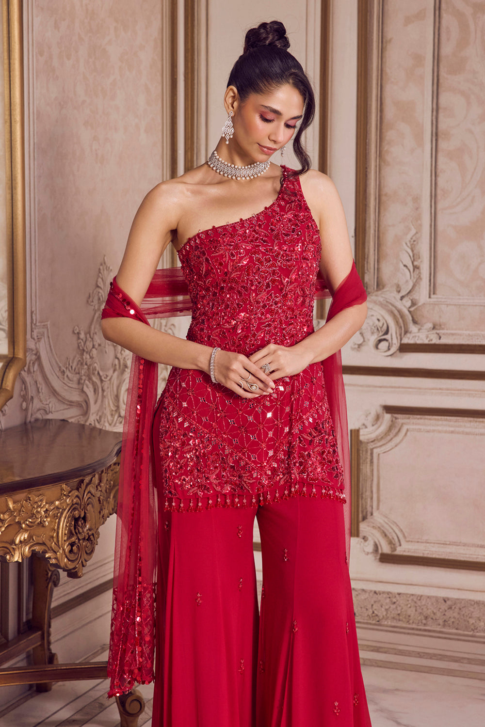 Magenta One Shoulder Kurta And Pants Set