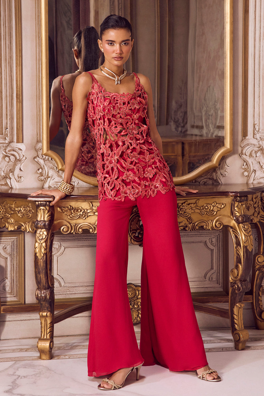 Magenta Cut Work Kurta And Pants Set