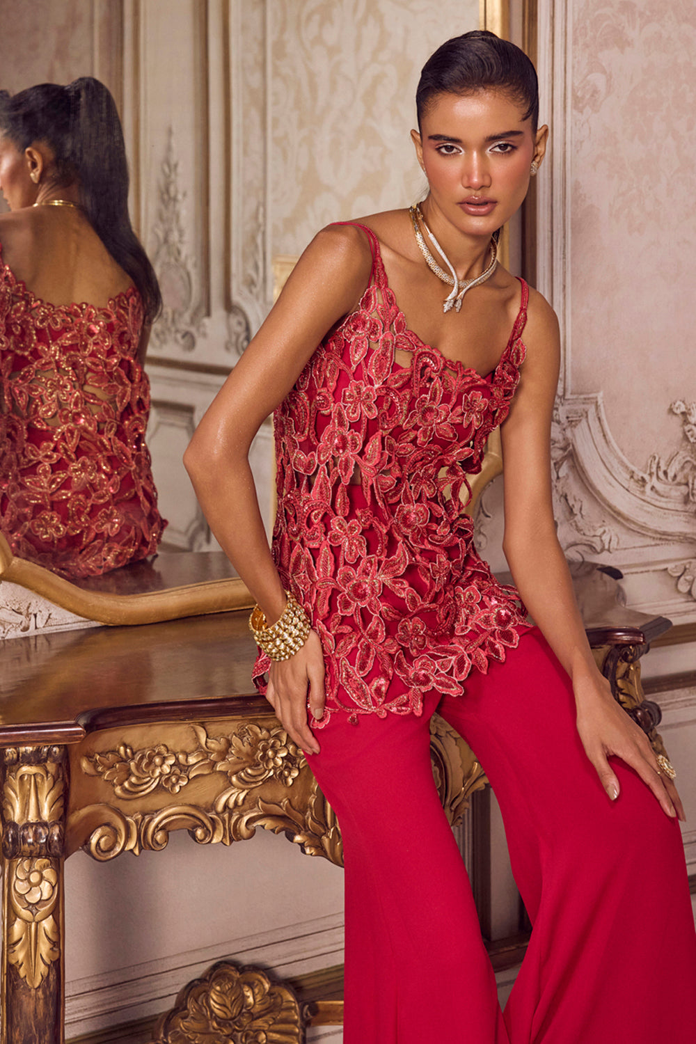 Magenta Cut Work Kurta And Pants Set