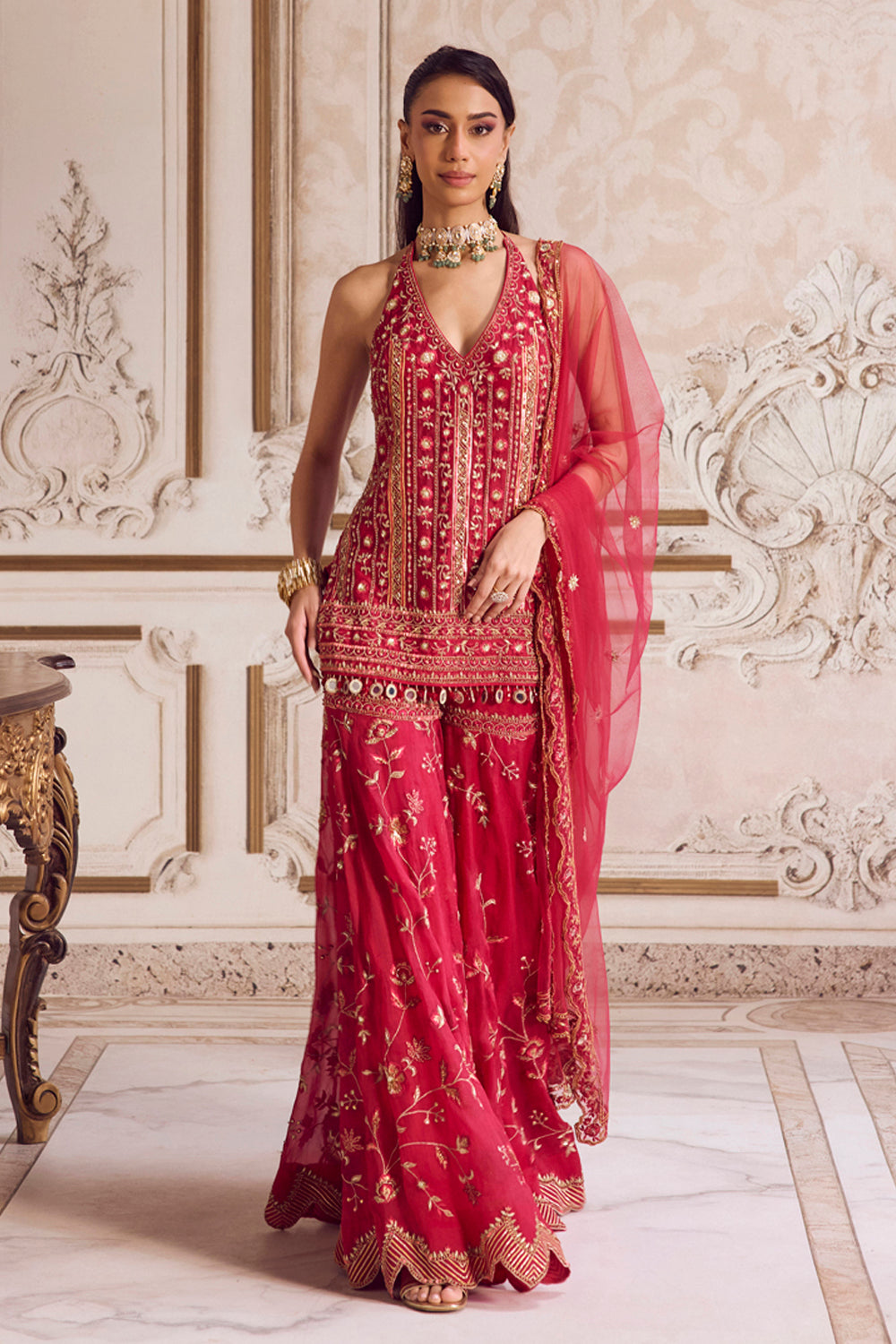 Magenta Halter Neck Kurta And Sharara Set