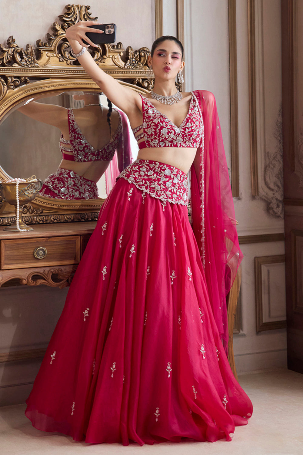 Magenta Organza Lehenga With Embroidered Belt