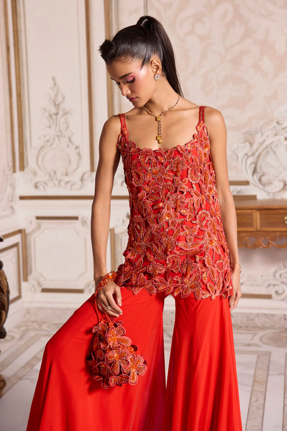 Rust Cutwork Kurta And Sharara Set