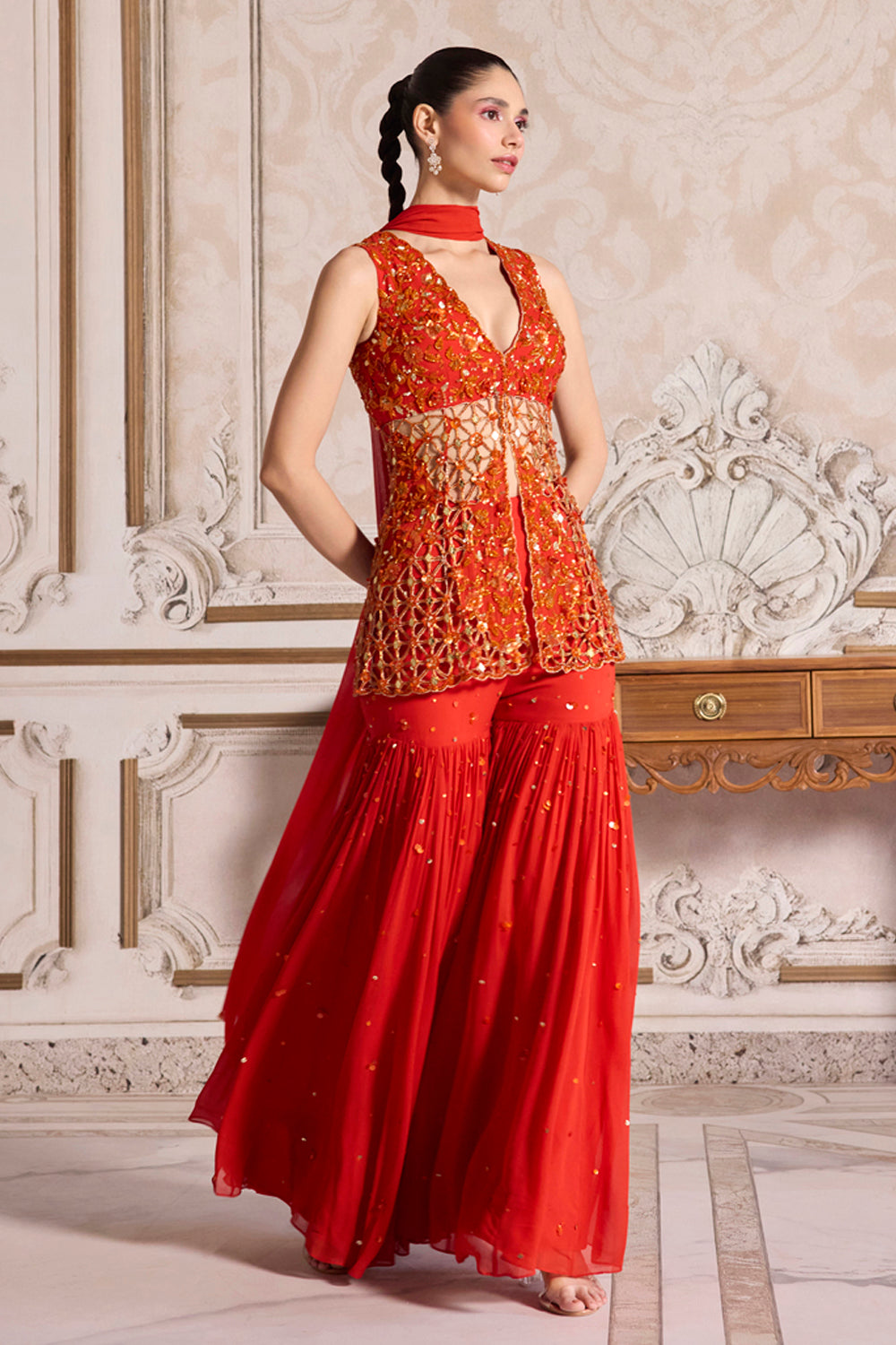 Rust Cutwork Peplum And Sharara Set