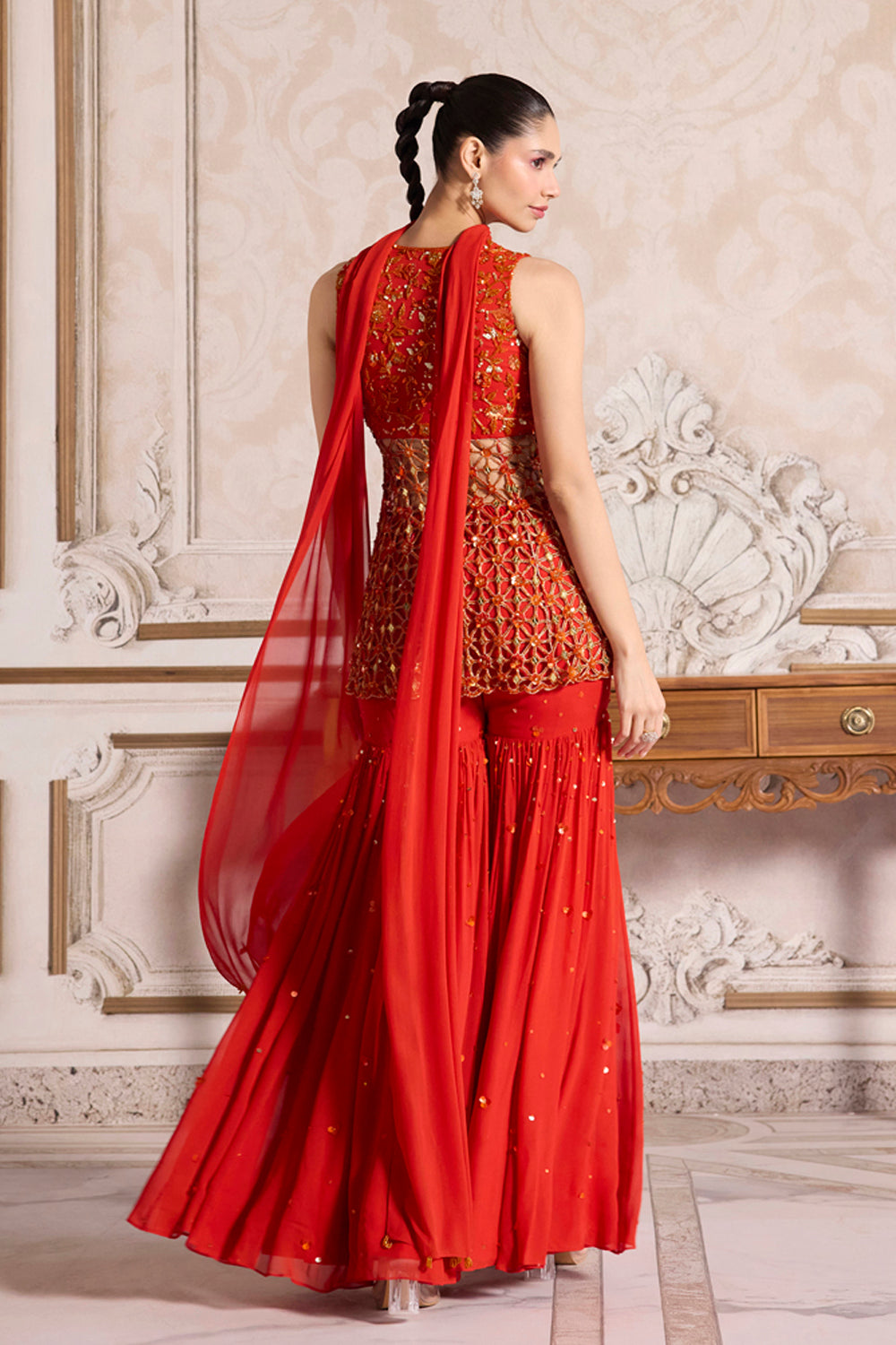 Rust Cutwork Peplum And Sharara Set