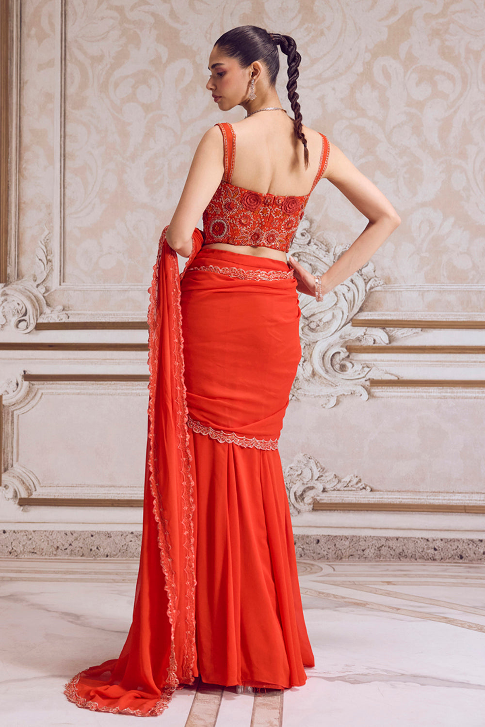 Rust Pre-Draped Saree And Corset