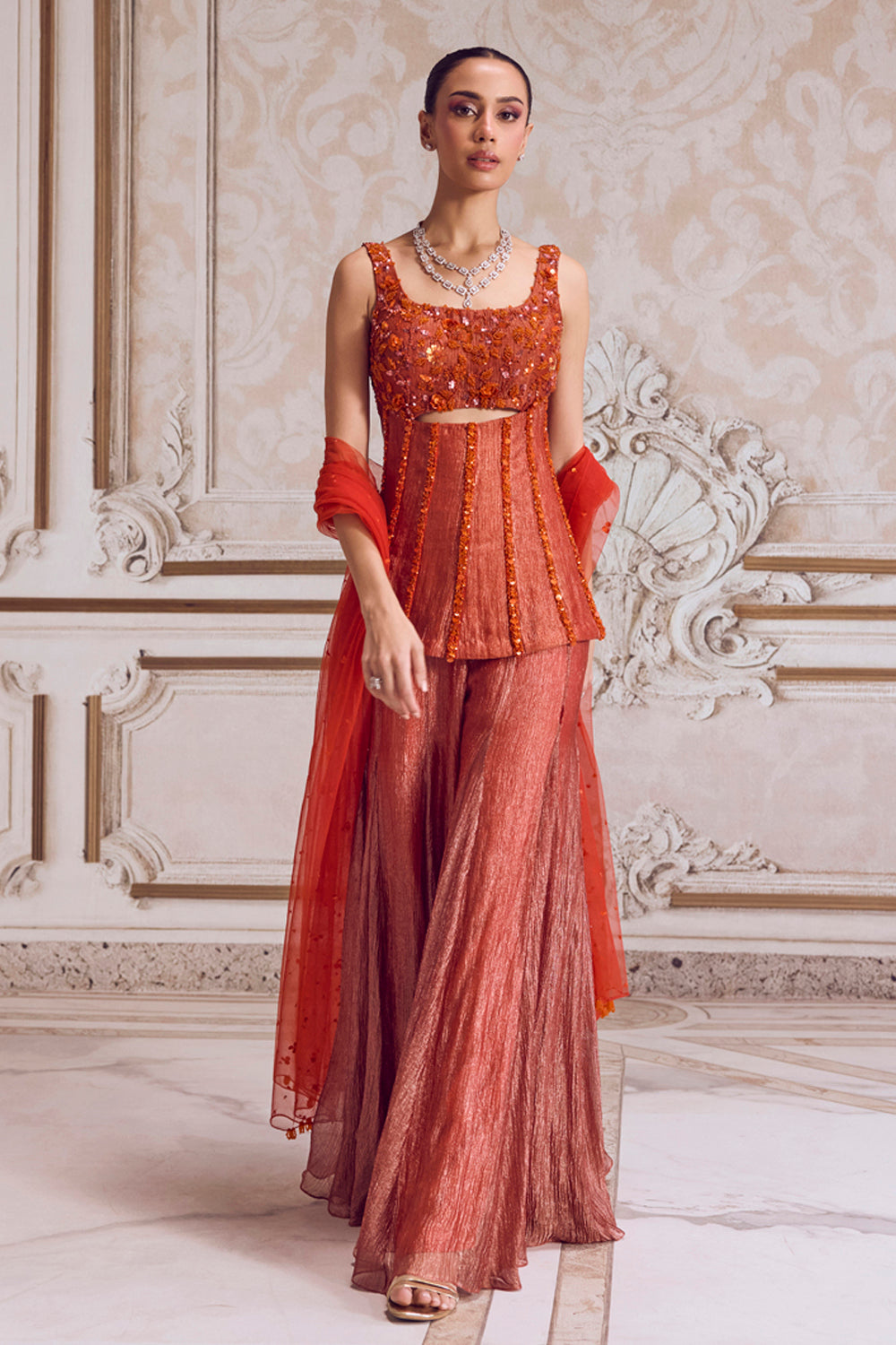 Rust Crushed Tissue Corset And Sharara Set