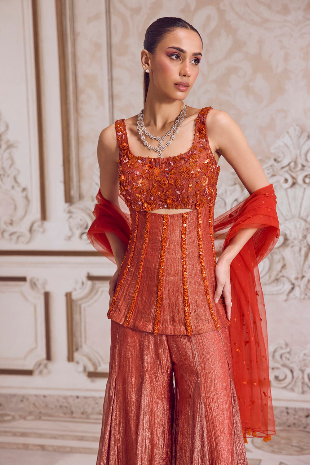 Rust Crushed Tissue Corset And Sharara Set