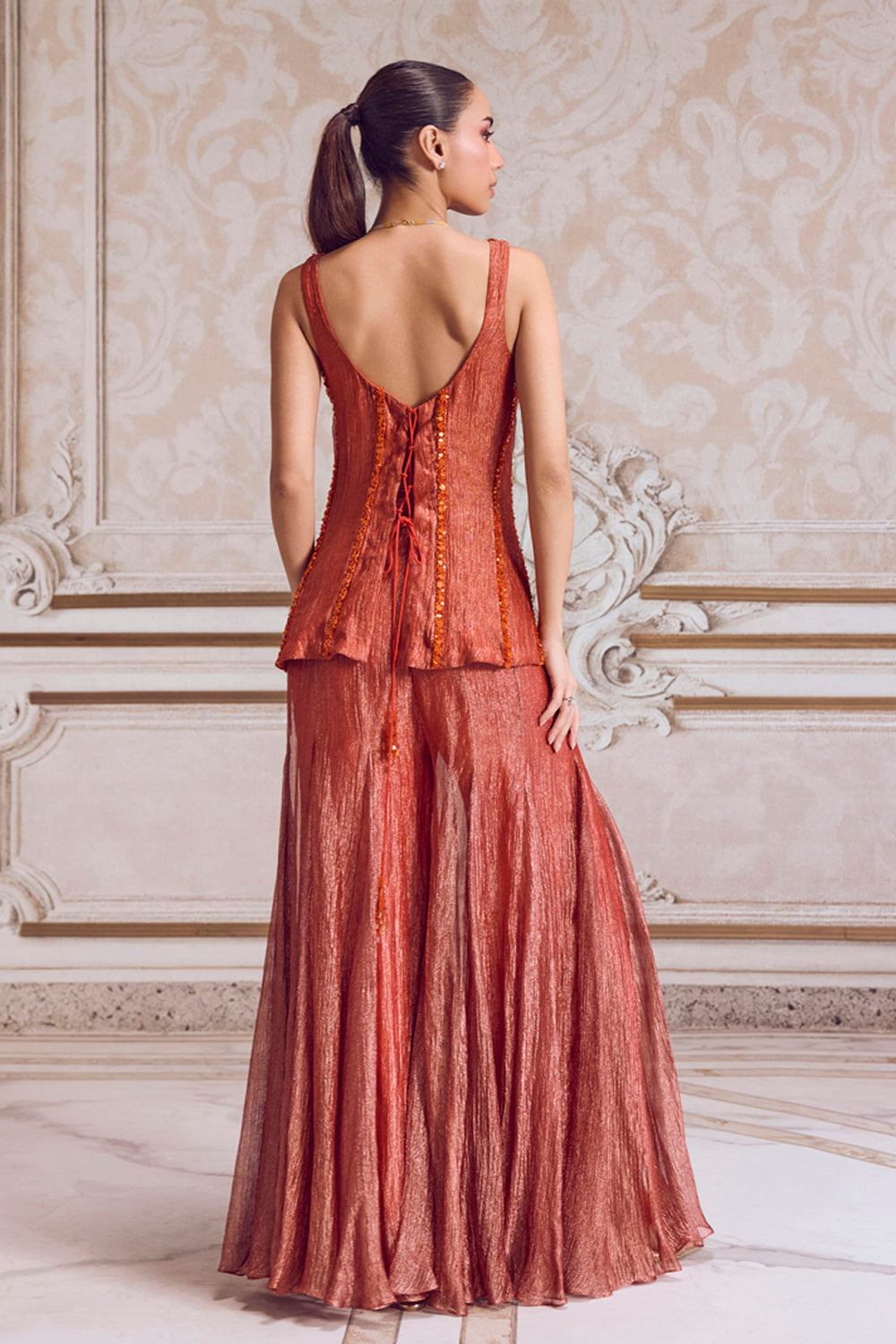 Rust Crushed Tissue Corset And Sharara Set