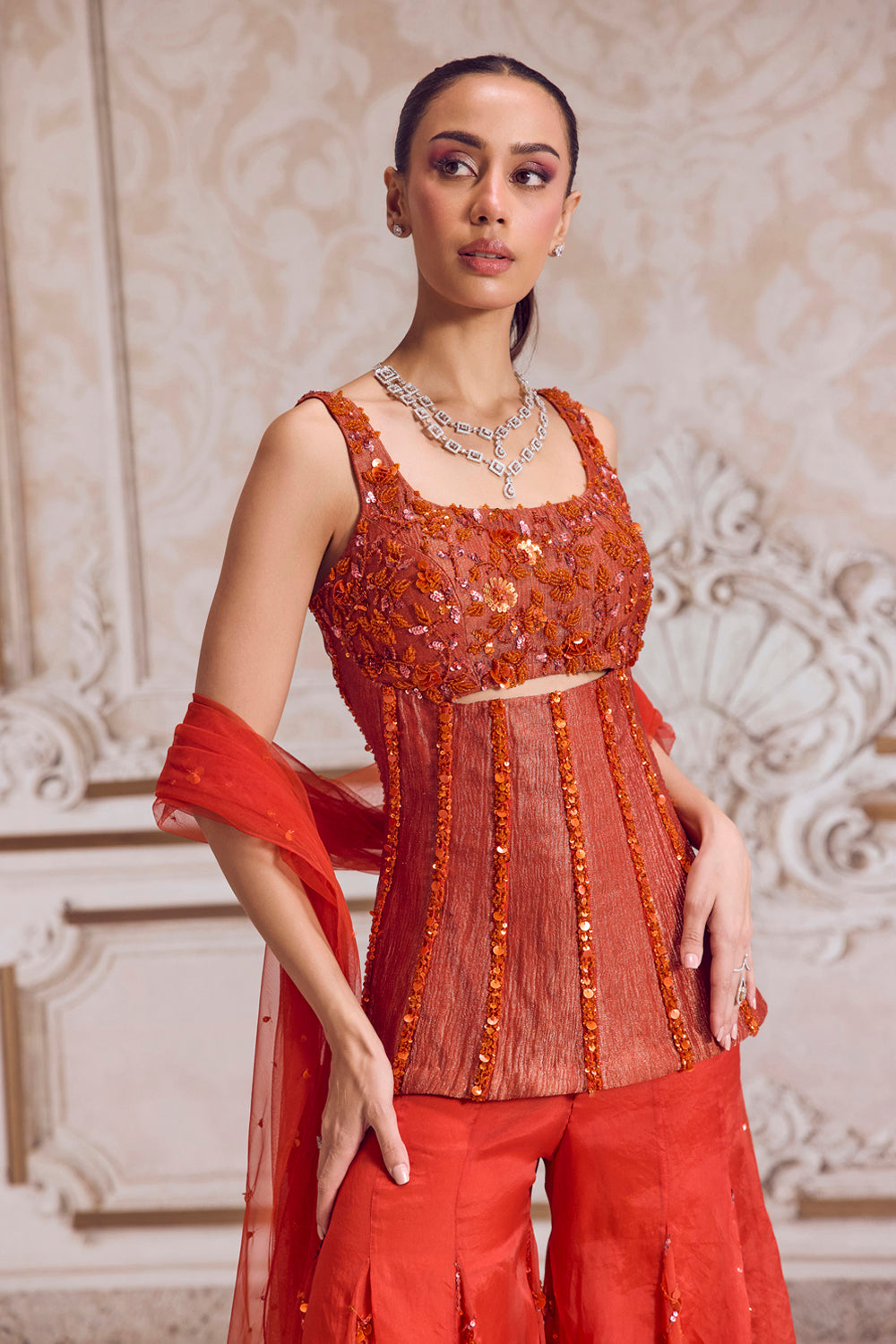 Rust Crushed Tissue Corset With Organza Sharara Set