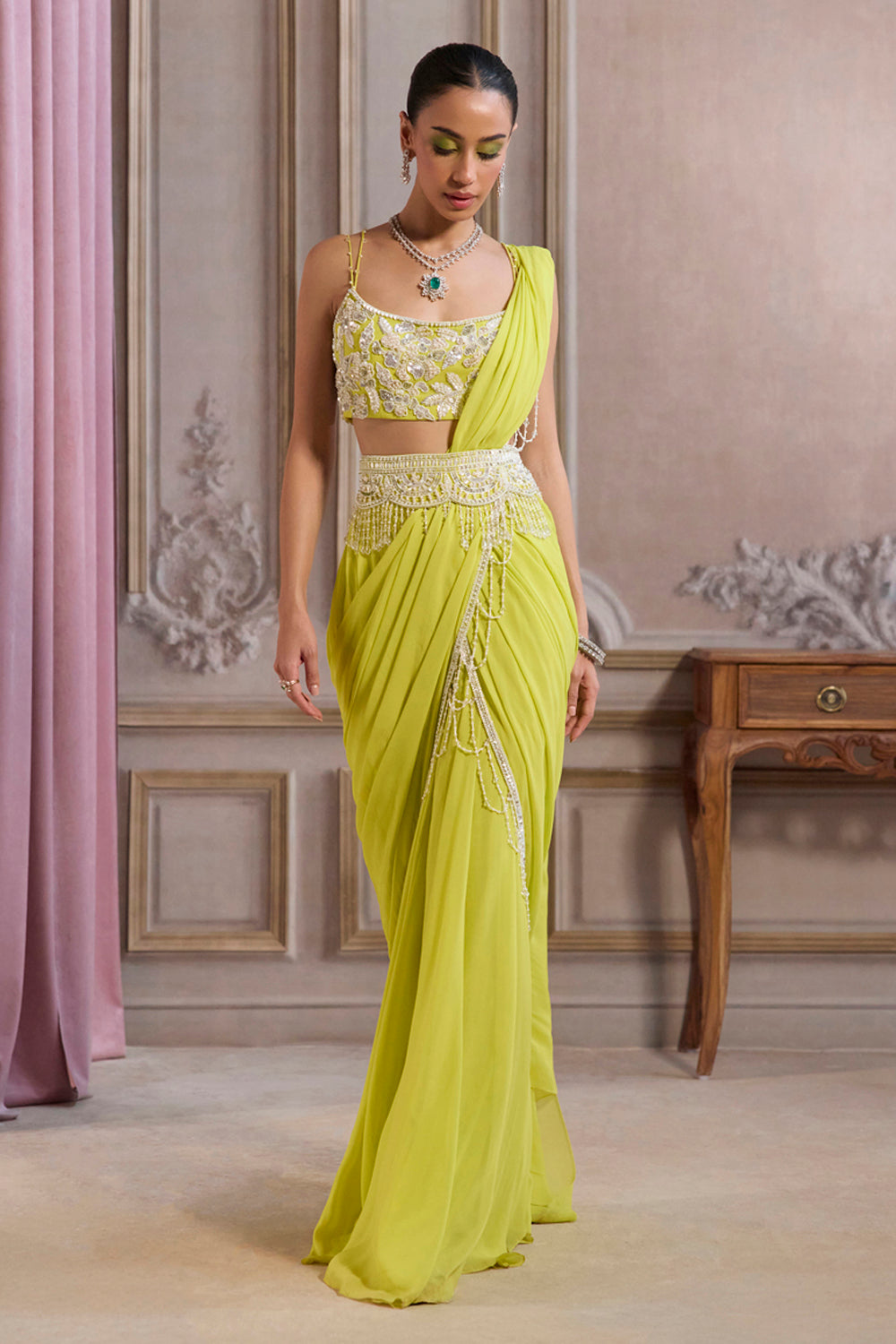 Neon Green Pre-Draped Saree With Bustier And Embroidered Belt