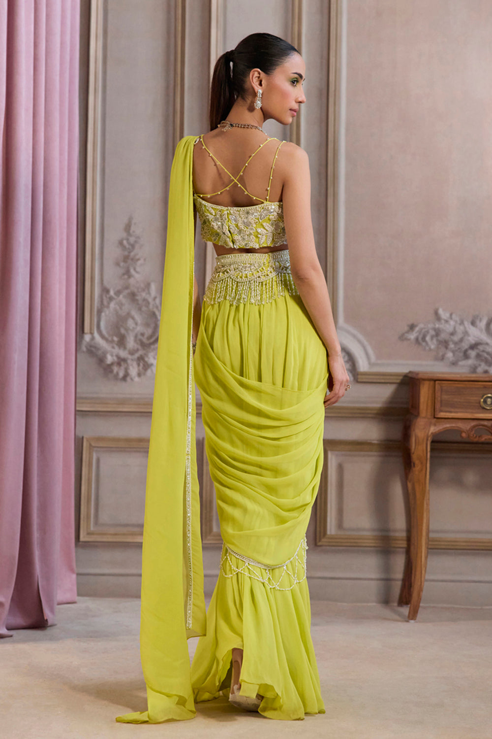 Neon Green Pre-Draped Saree With Bustier And Embroidered Belt
