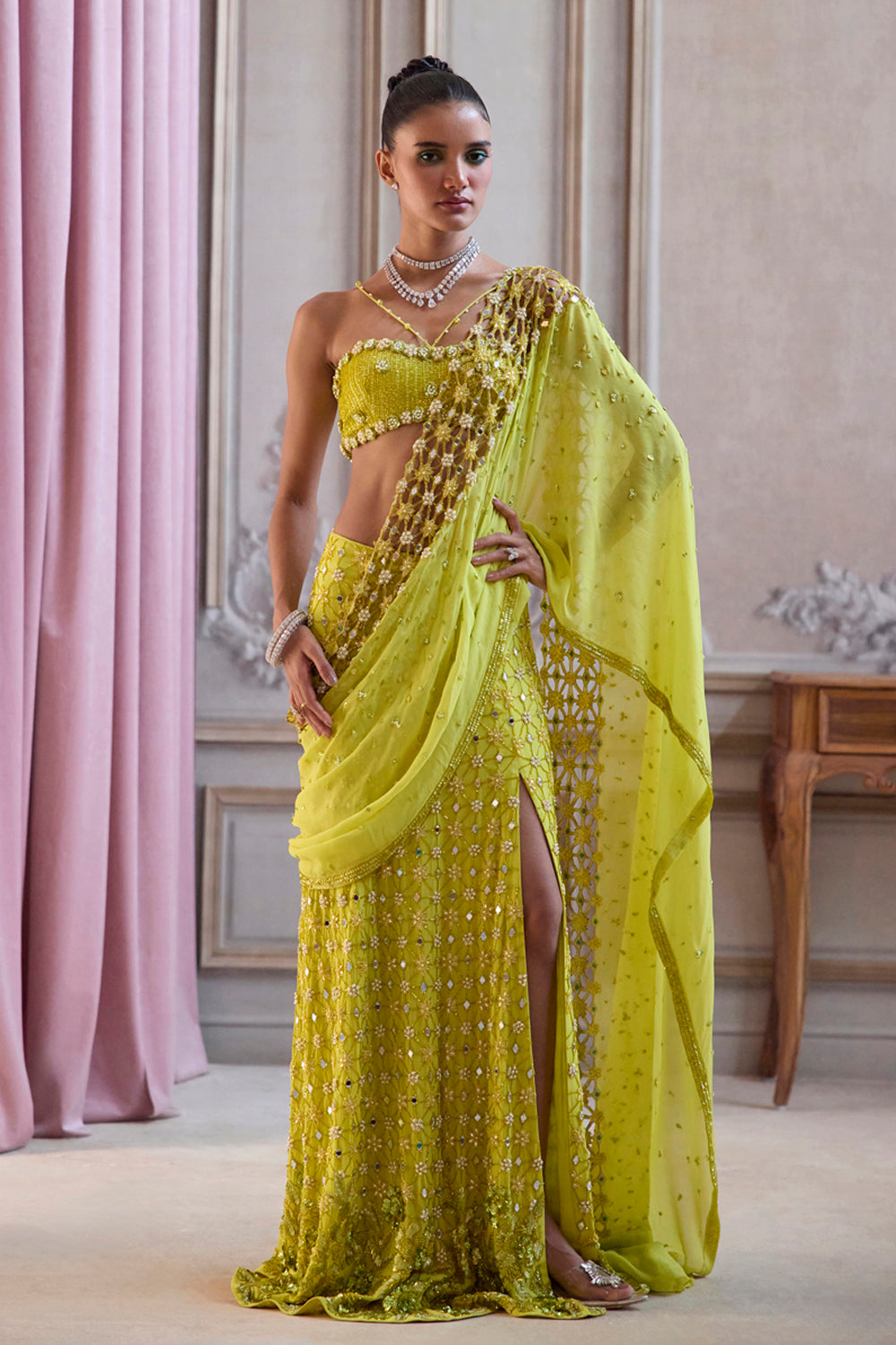Neon Green Slit Saree With Cutwork Palla