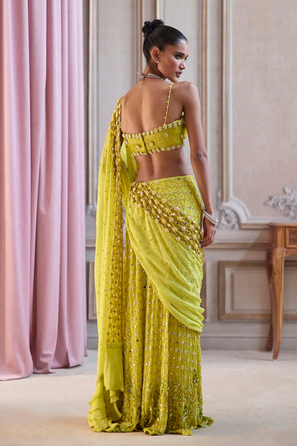 Neon Green Slit Saree With Cutwork Palla