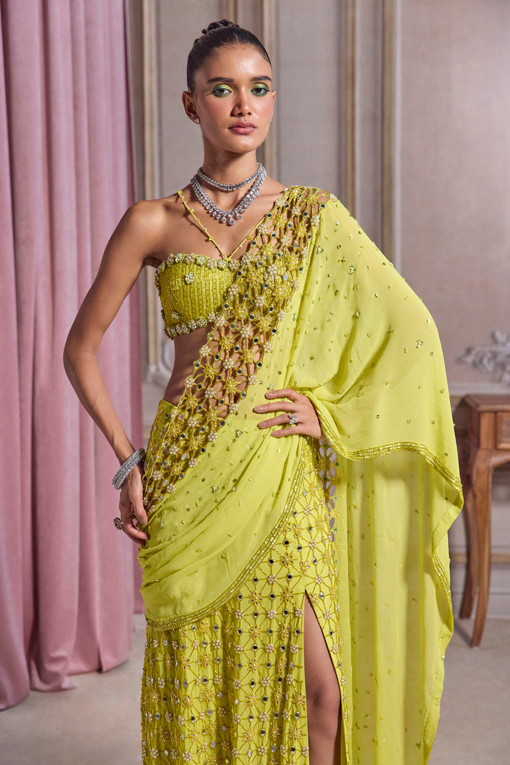 Neon Green Slit Saree With Cutwork Palla