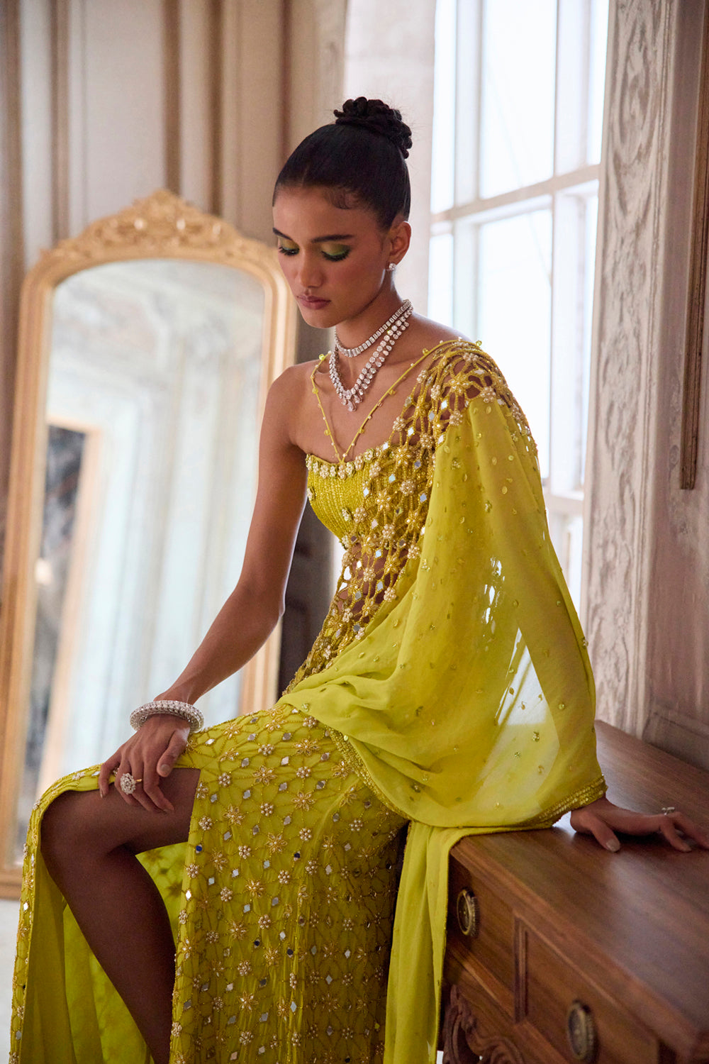 Neon Green Slit Saree With Cutwork Palla