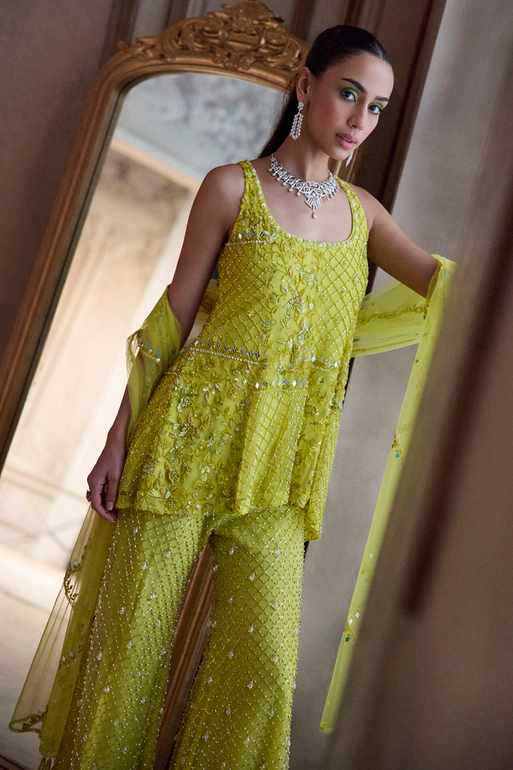 Neon Green Short Kurta And Pants Set