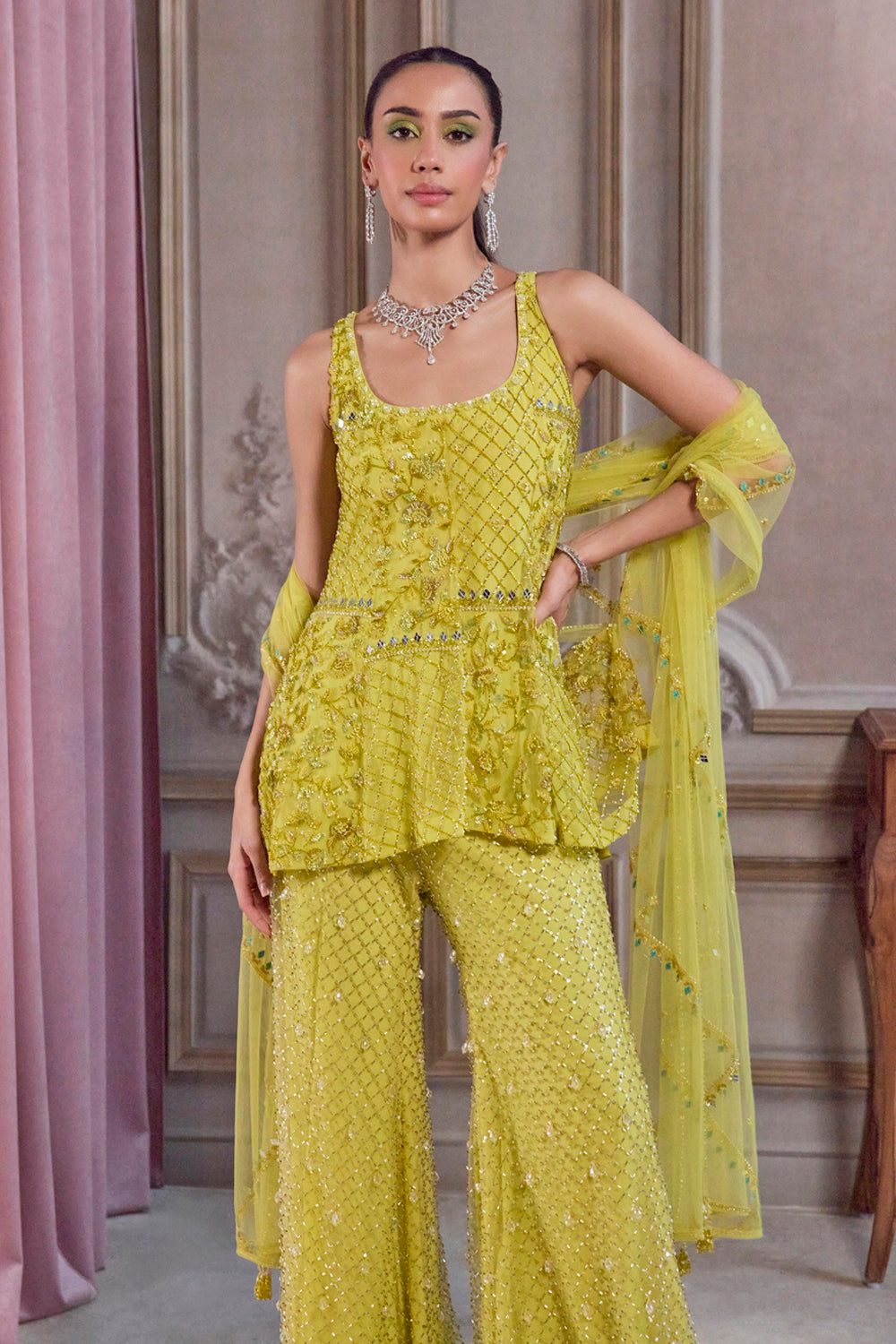 Neon Green Short Kurta And Pants Set