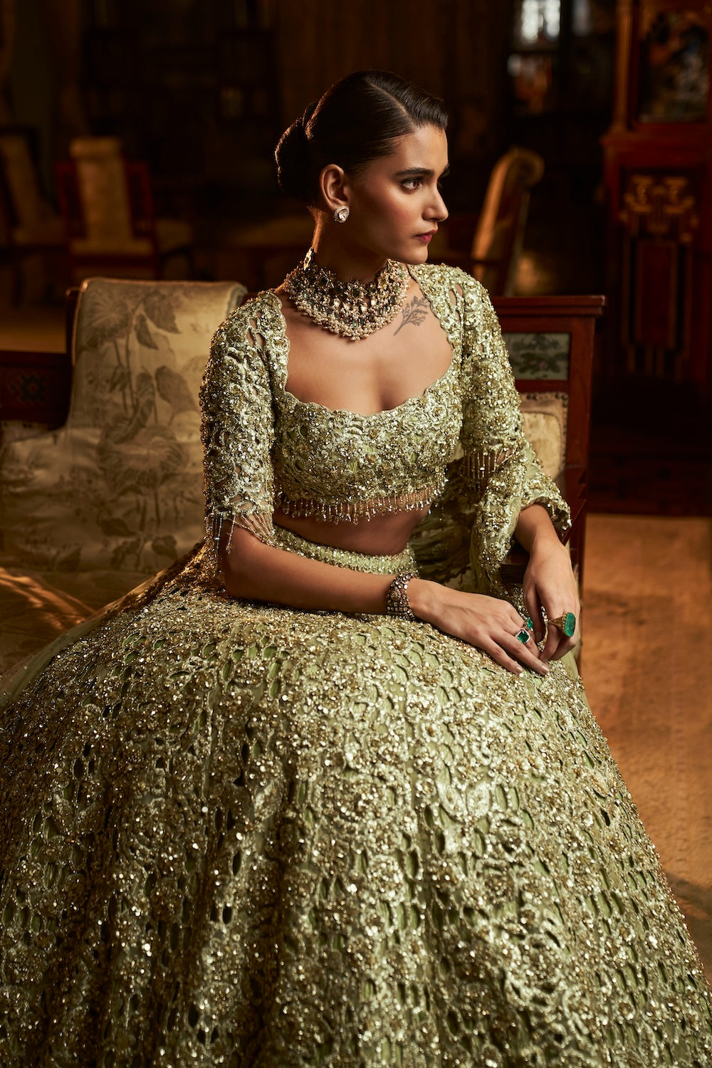 Sage Green Cut Work Lehenga Set