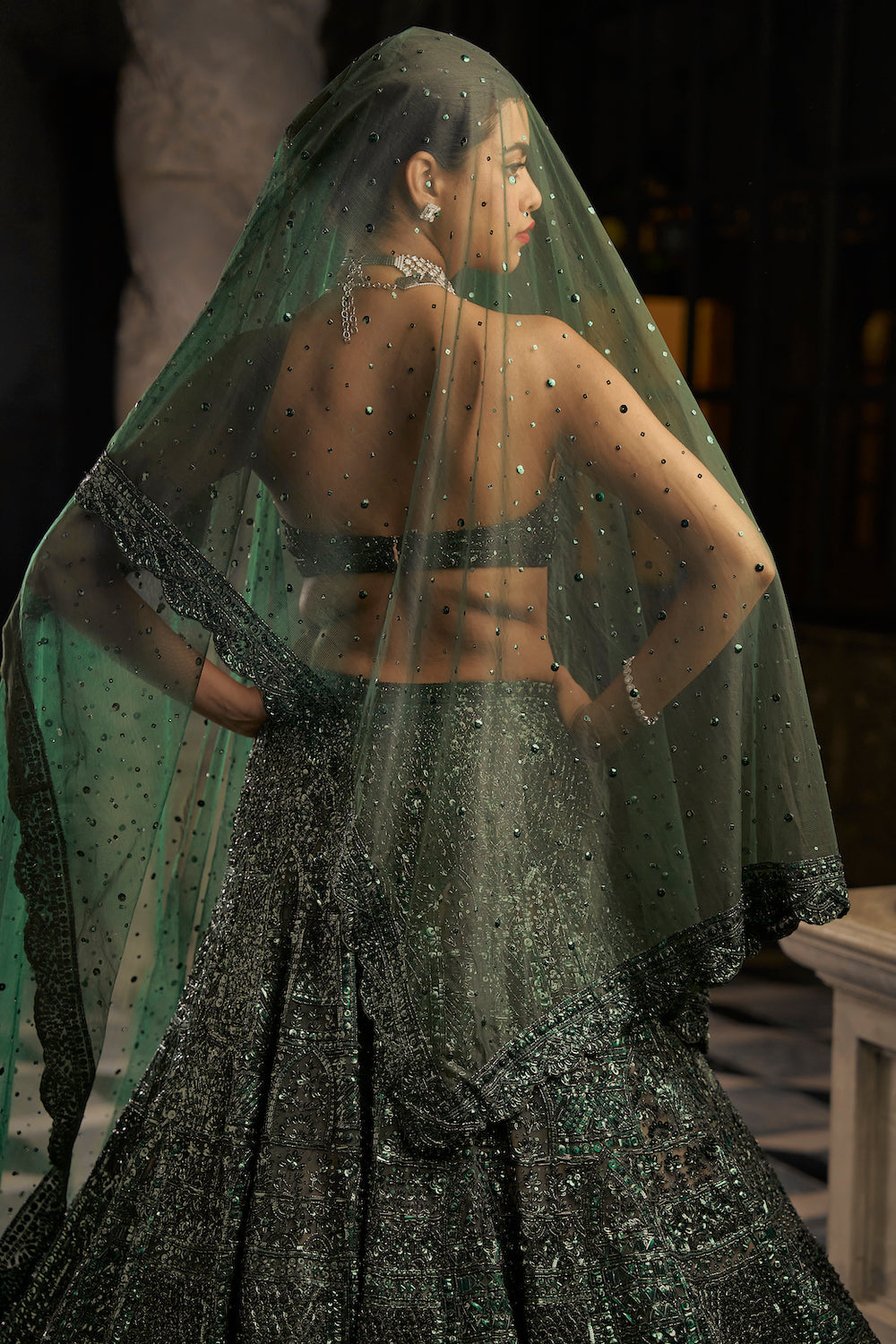 Emerald Green Sequin Lehenga Set