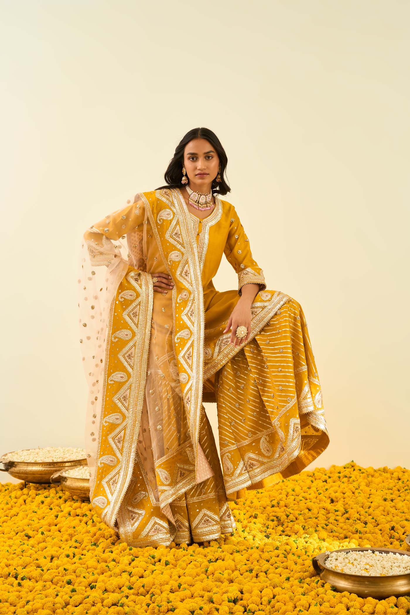 Shafna- Glaze Mustard Short Kurta With Garara And Dupatta