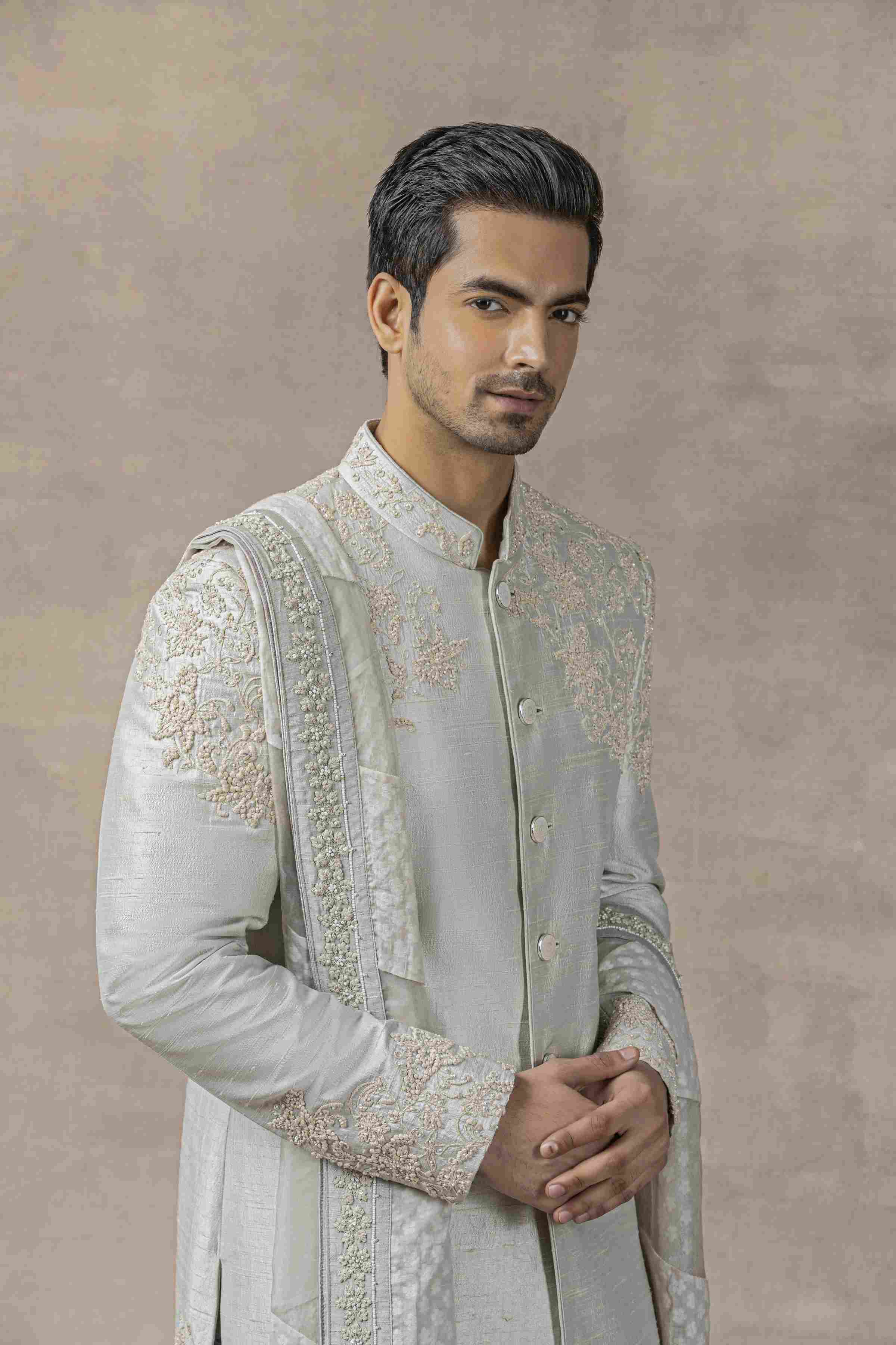 Grey Raw Silk Sherwani
