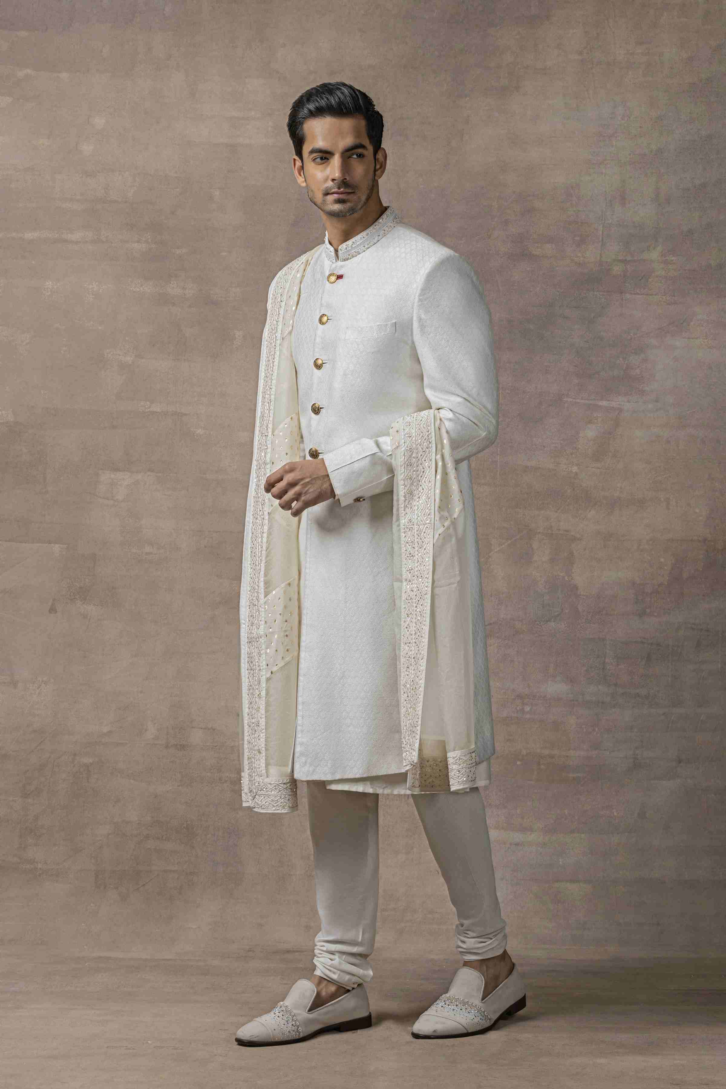 Off White Self Sherwani