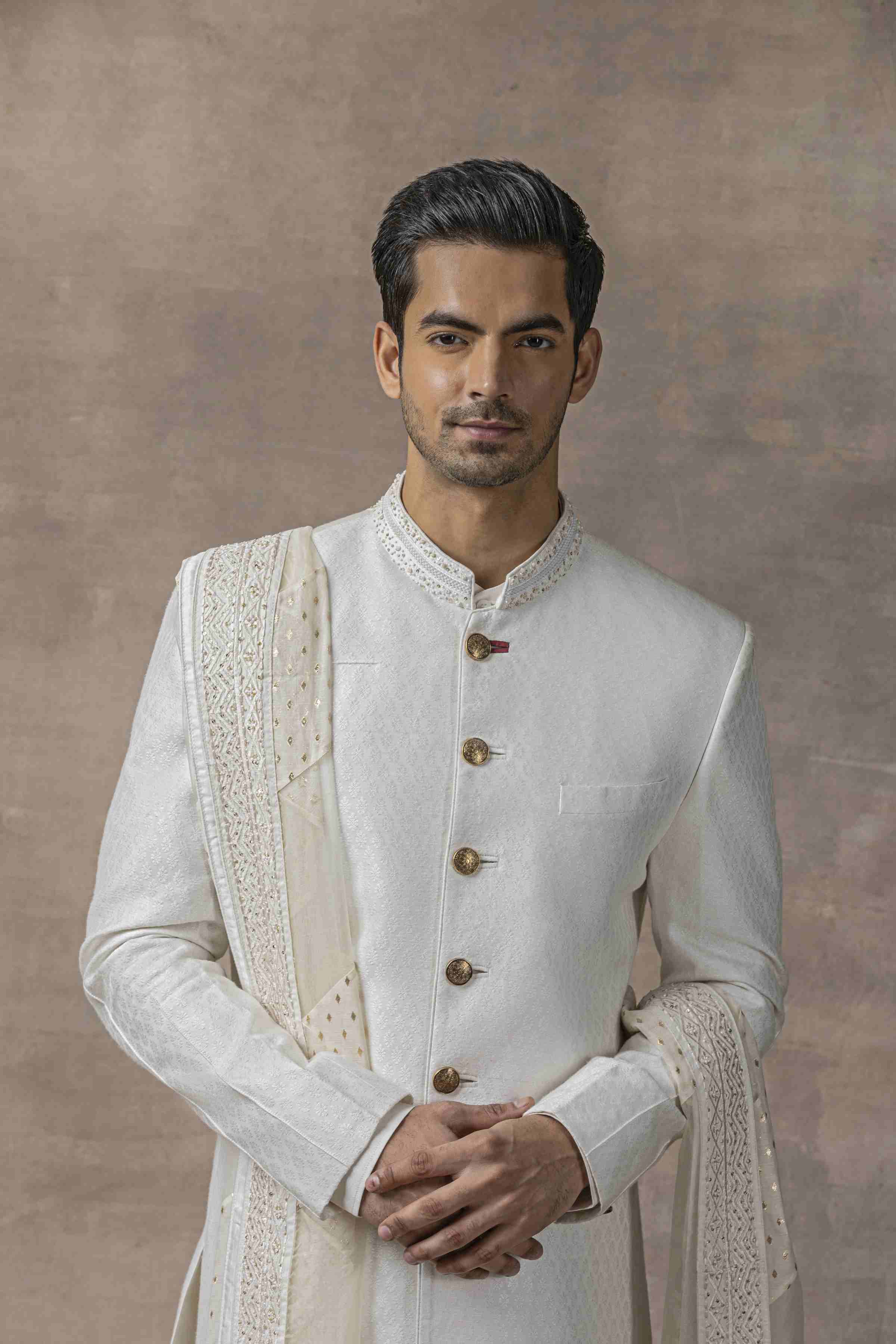 Off White Self Sherwani