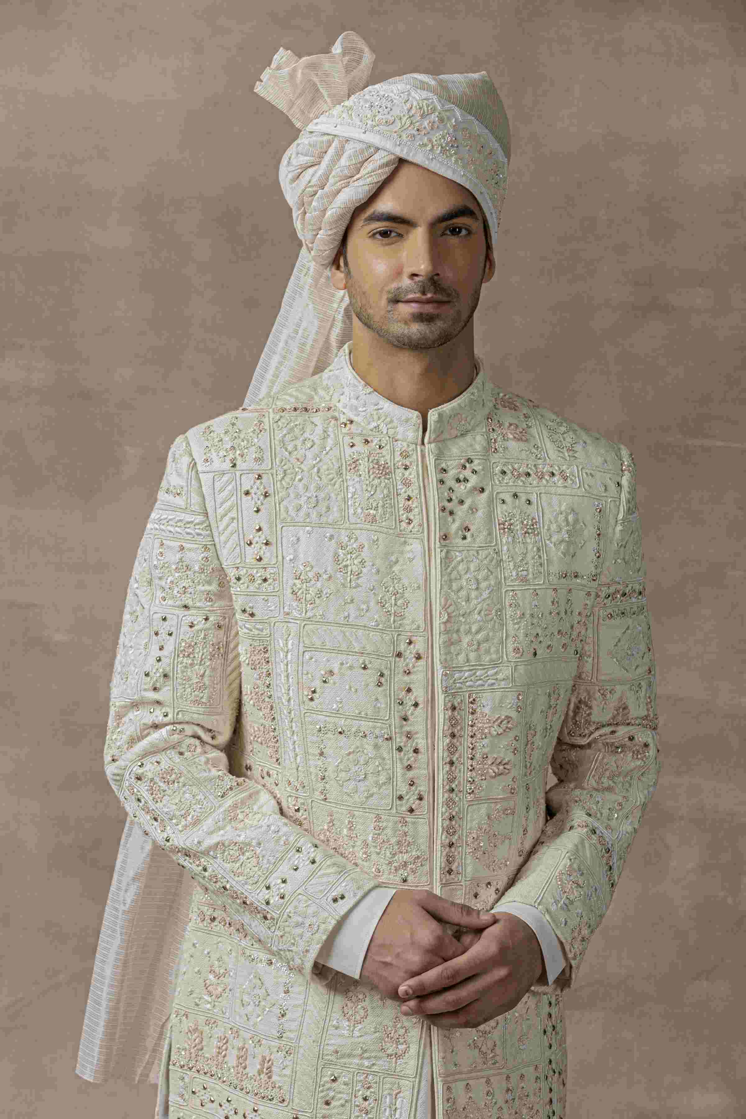 Ivory Sherwani With Rivet And Thread Work