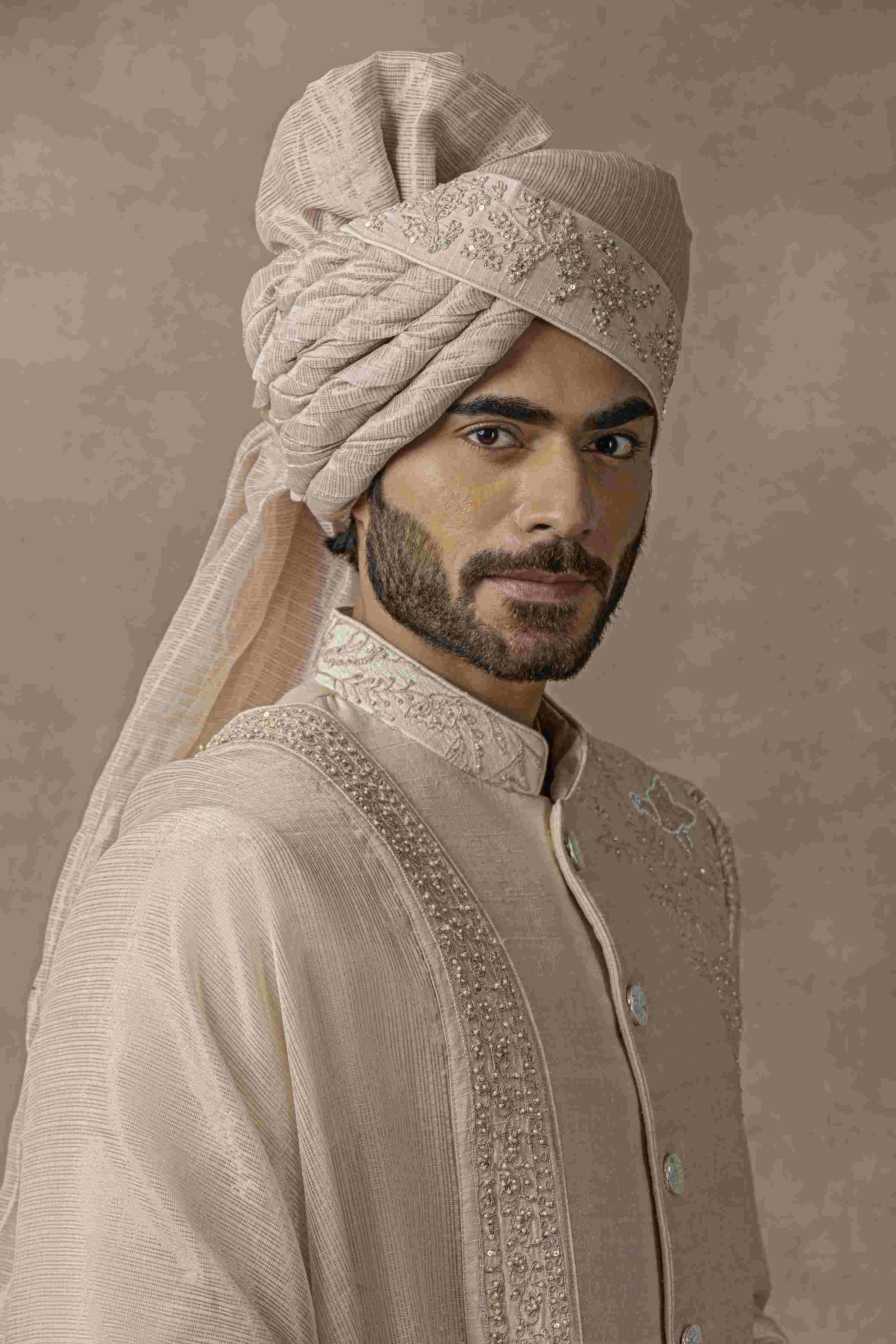 Rose Gold Sherwani With Placement Work On One Shoulder