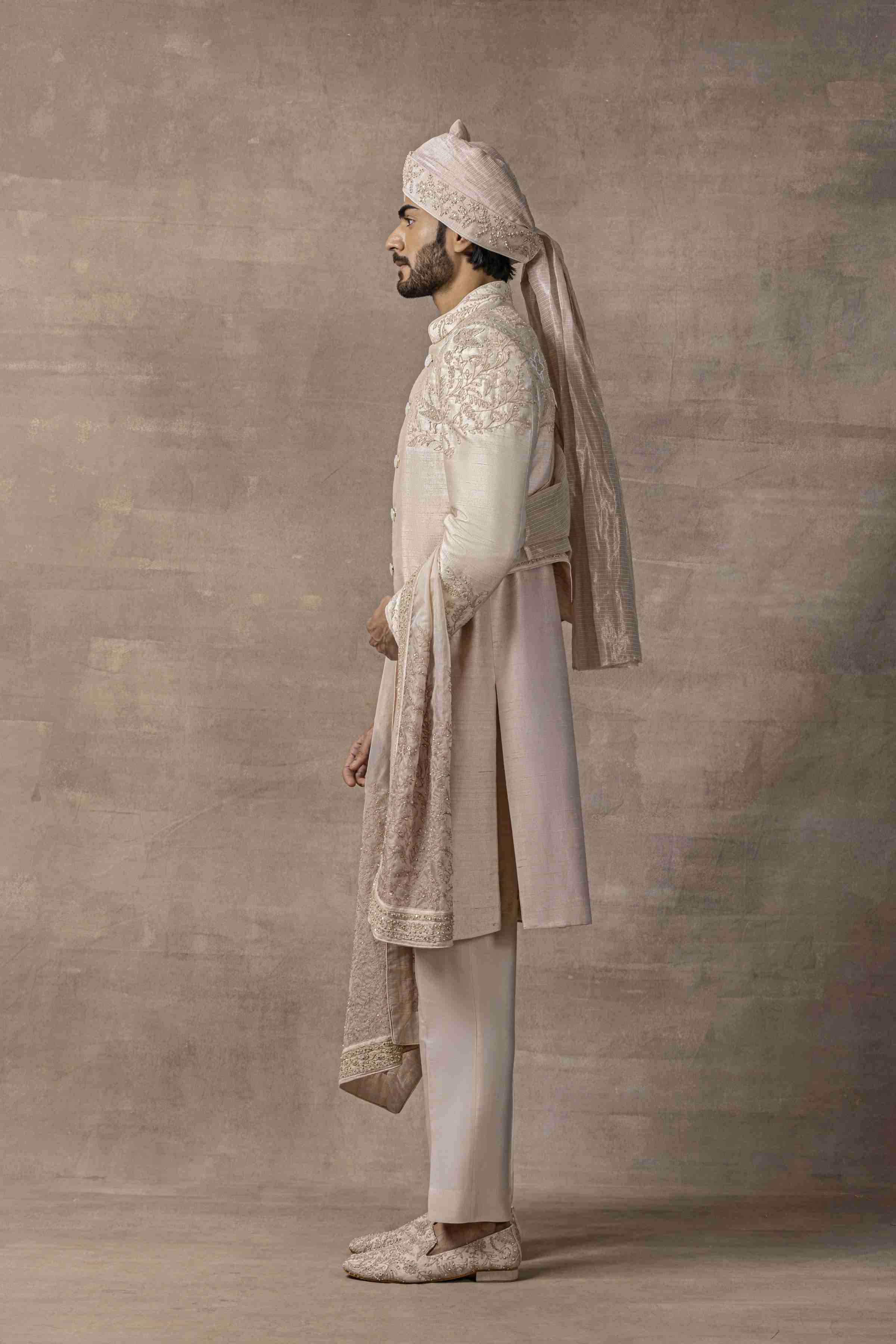 Rose Gold Sherwani With Placement Work On One Shoulder