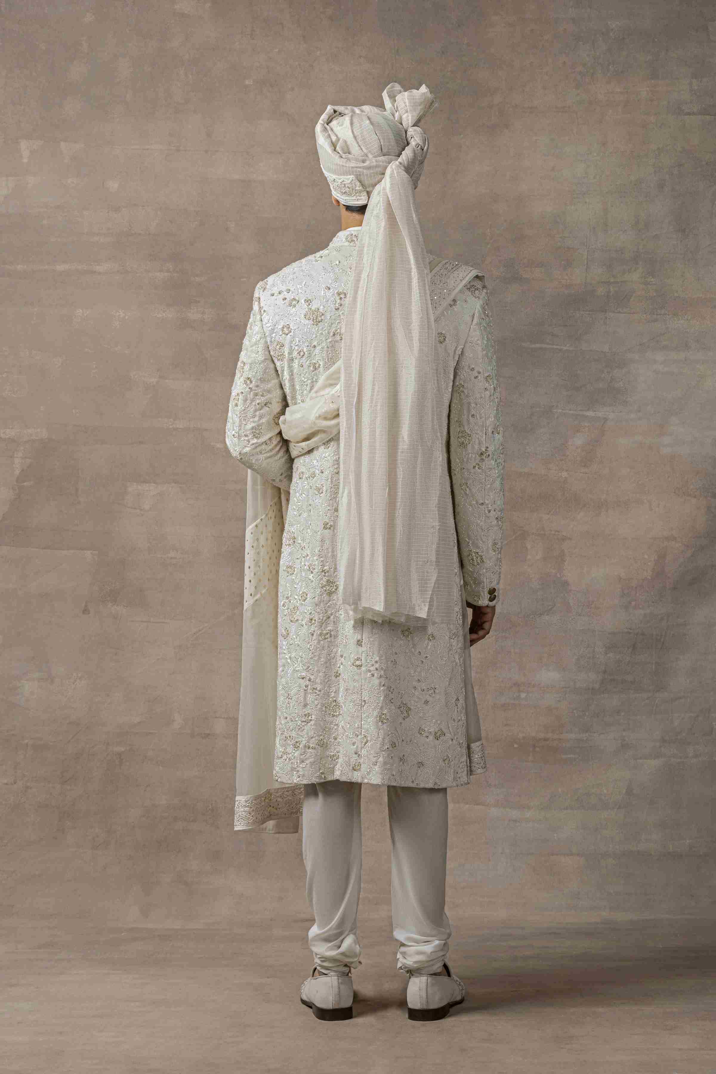 Ivory Sherwani Highlighted With Velvet Cut