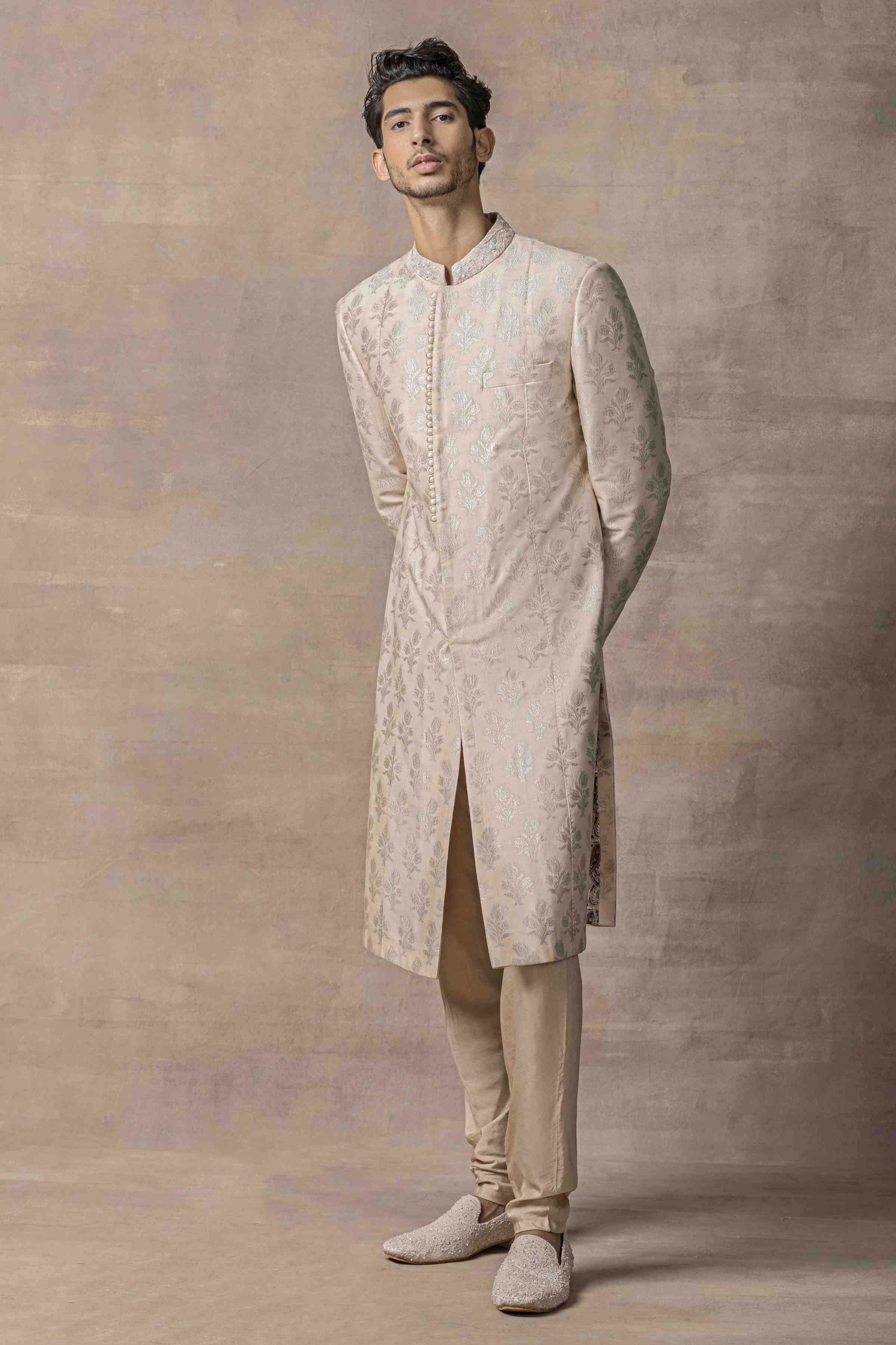 Peach Sherwani With Thread And Pearl Detailing