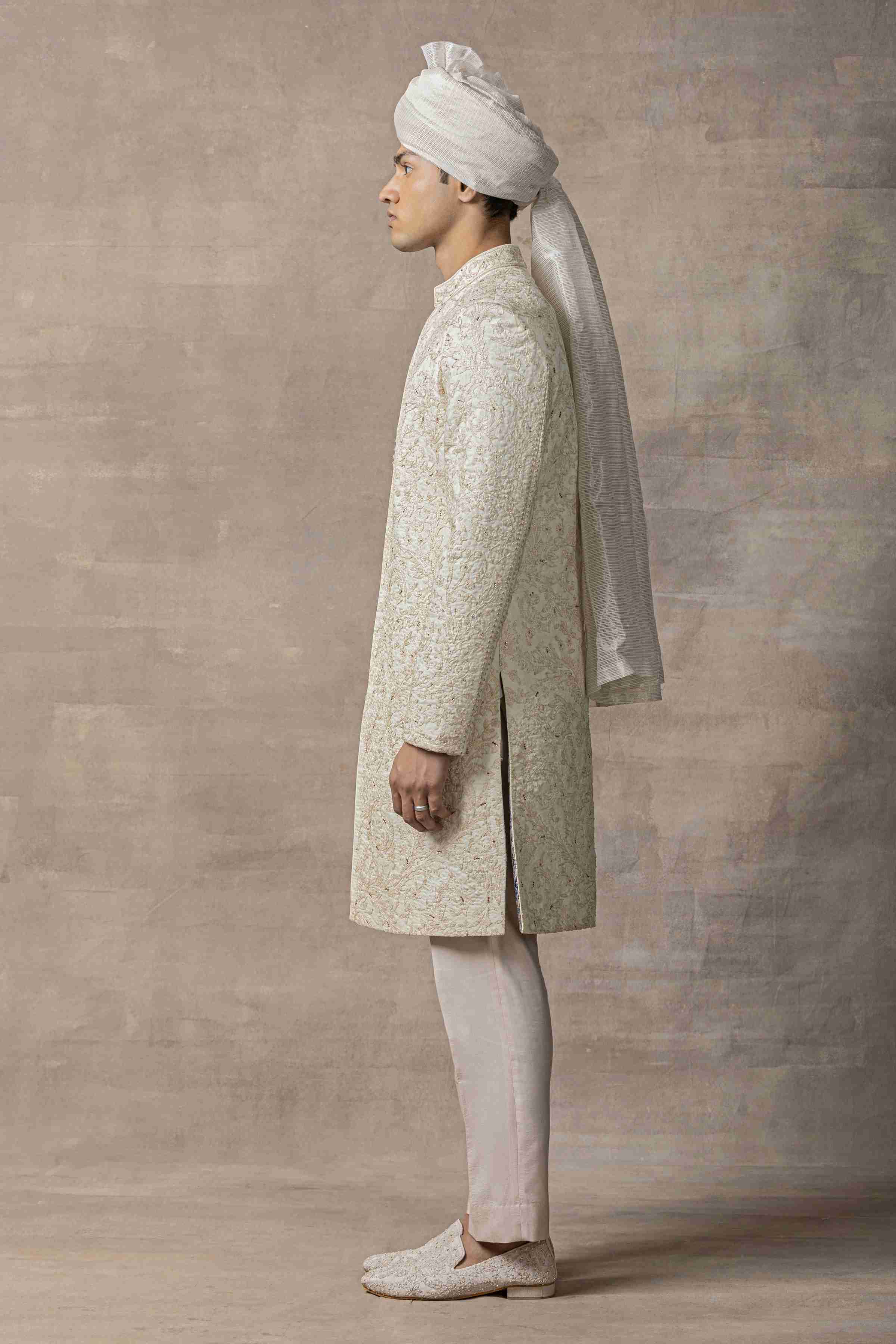 Off White Sherwani Highlighted With Nude Peach Thread Work