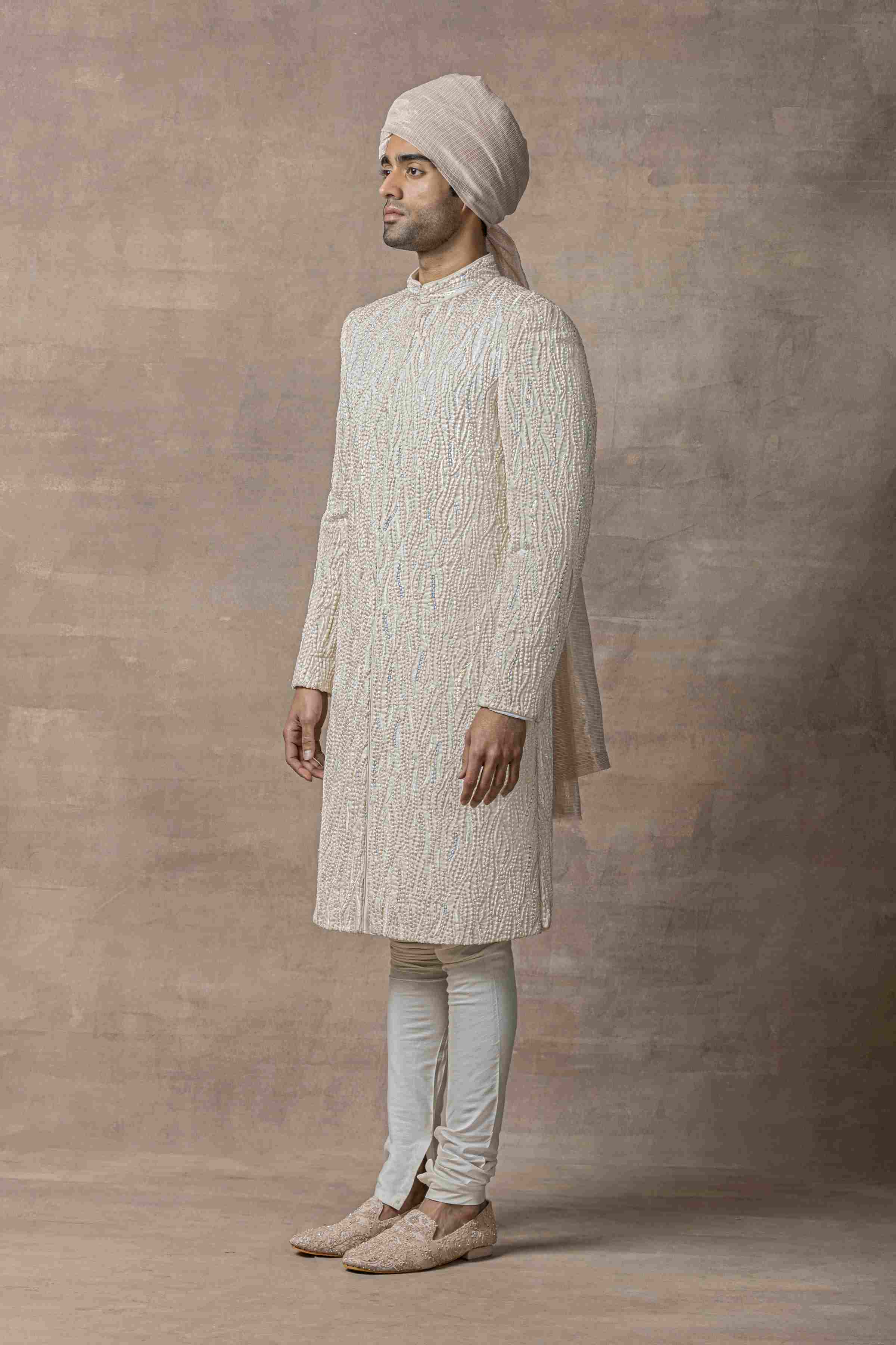 Off White Sherwani Highlighted With Thread Pearl And Multi Coloured Sequin