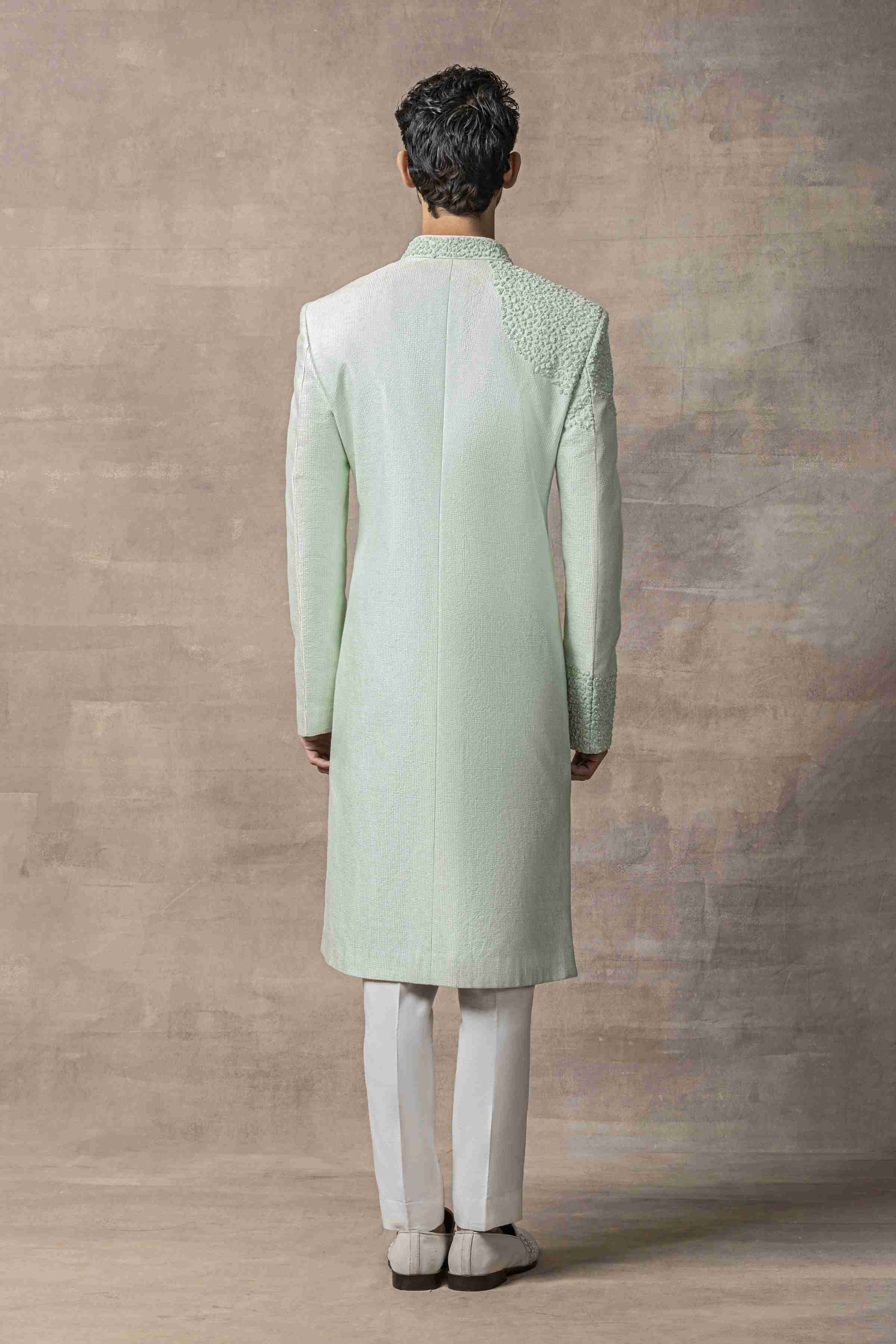 Aqua Dhagai Sherwani Highlighted With 3D Thread Work And Pearl