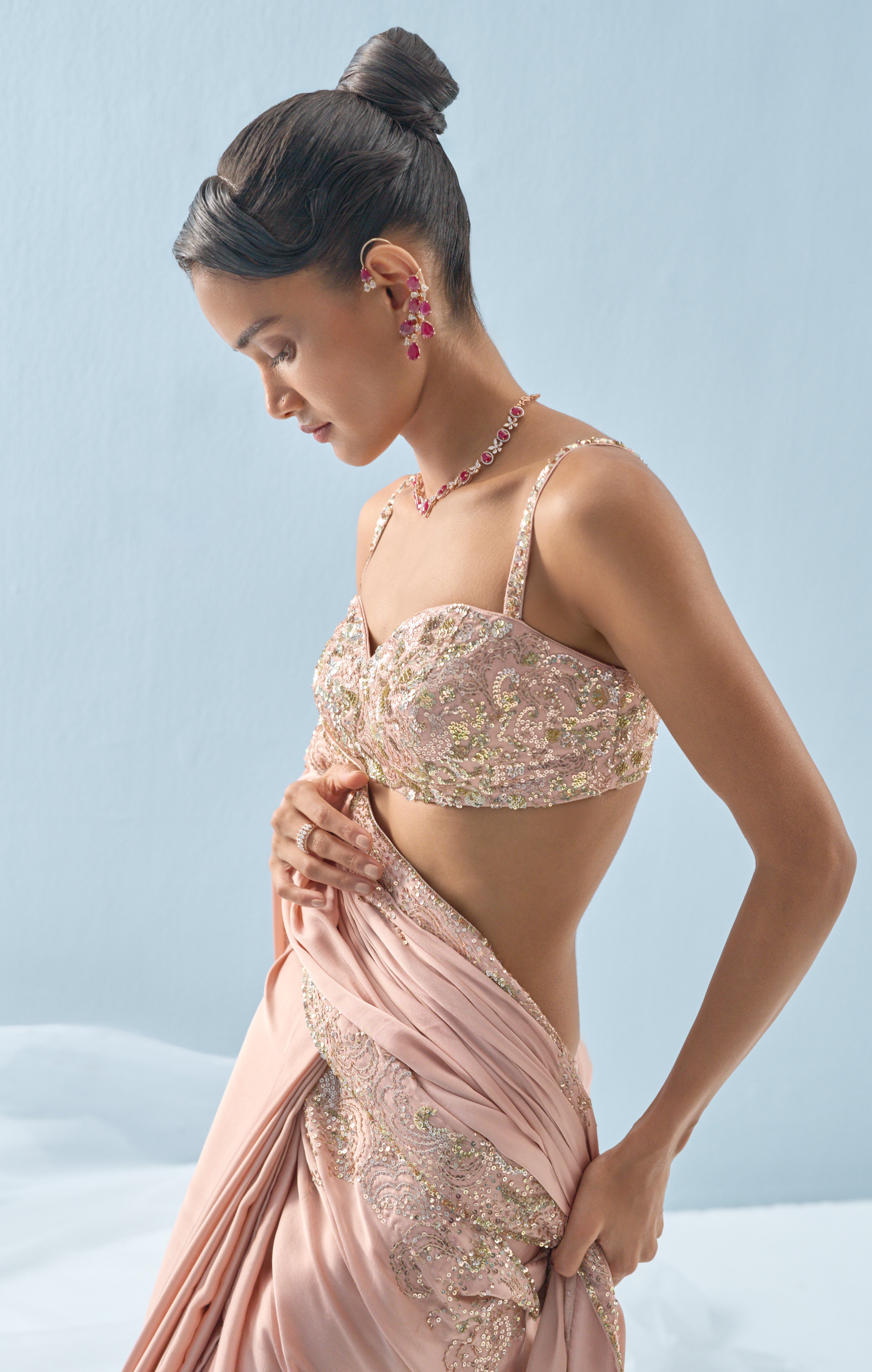 Nude Pink Satin Saree Set