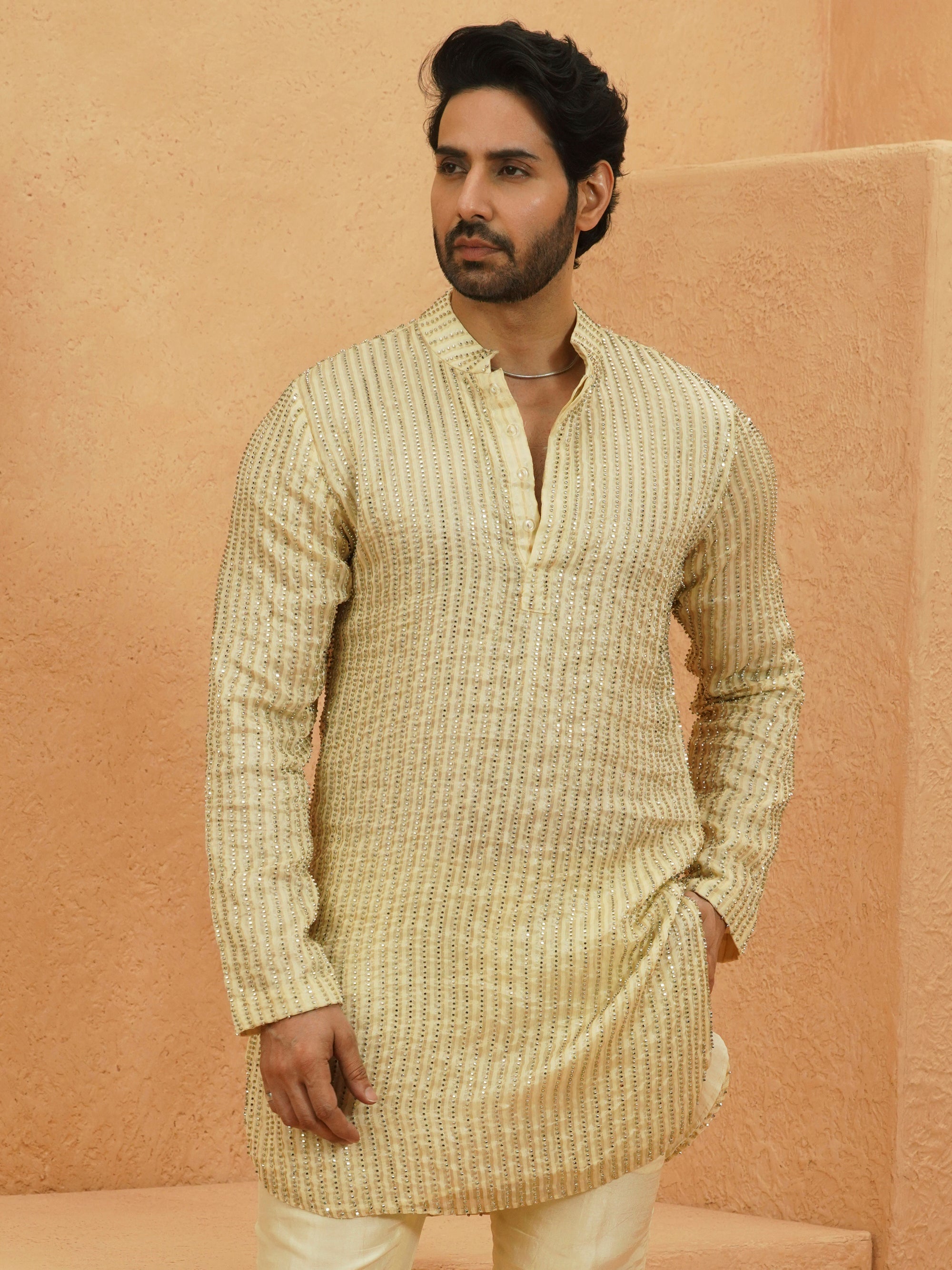 Chandheri Stripe Embellished Kurta Set