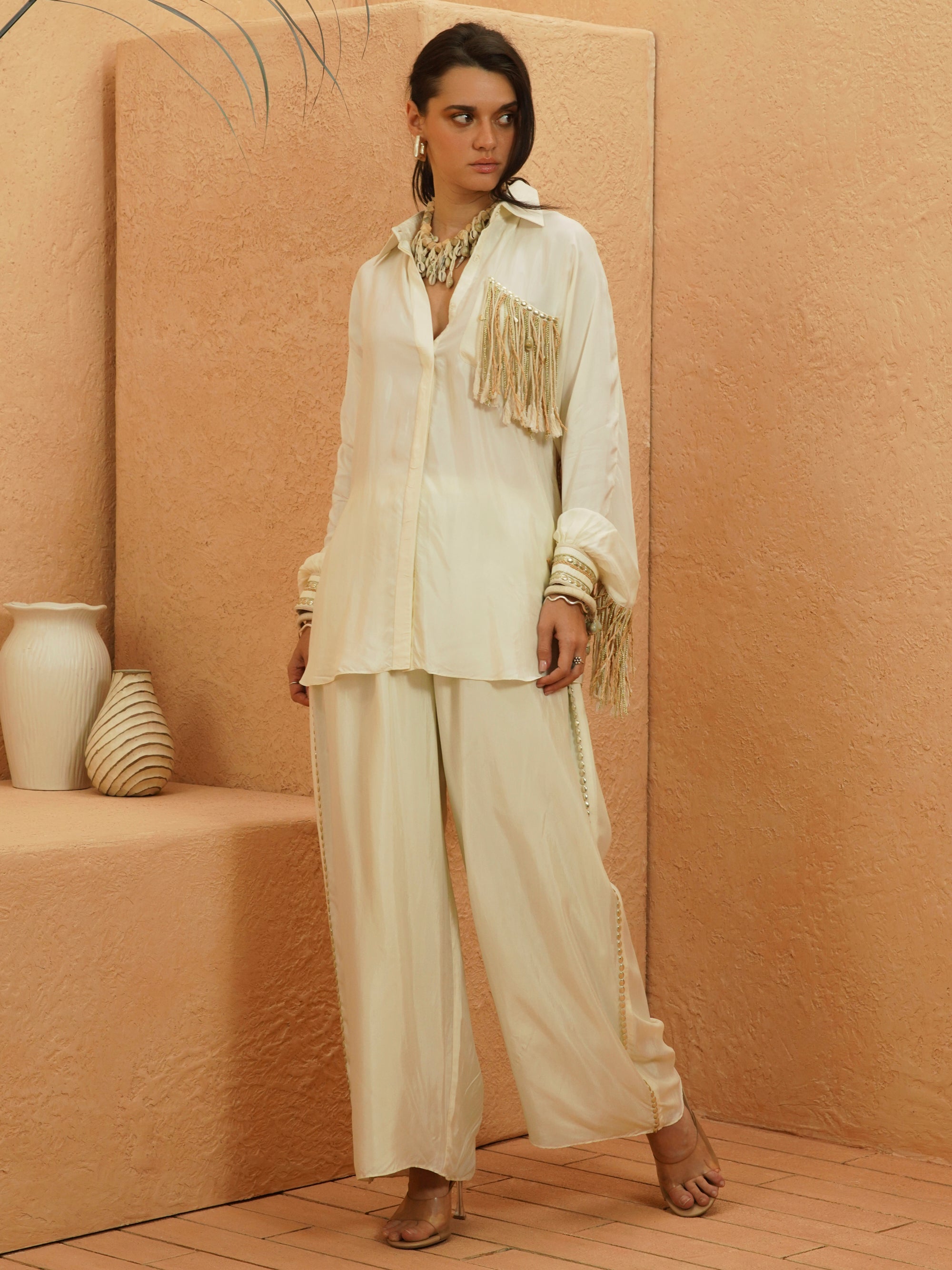 Samira Beige Tasseled Co-Ord Set