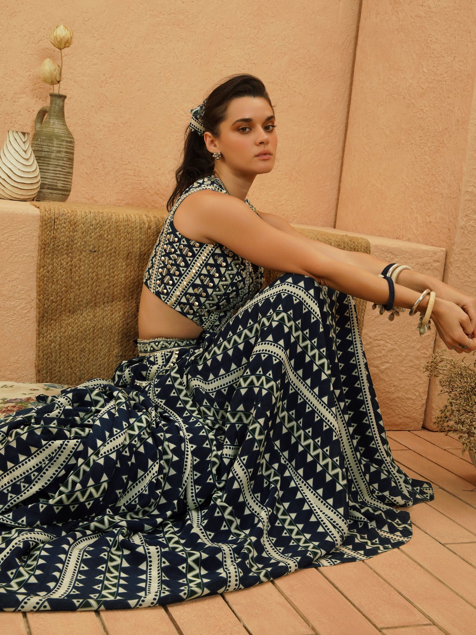 Zuri Embellished Crop Top And Pleated Skirt Set