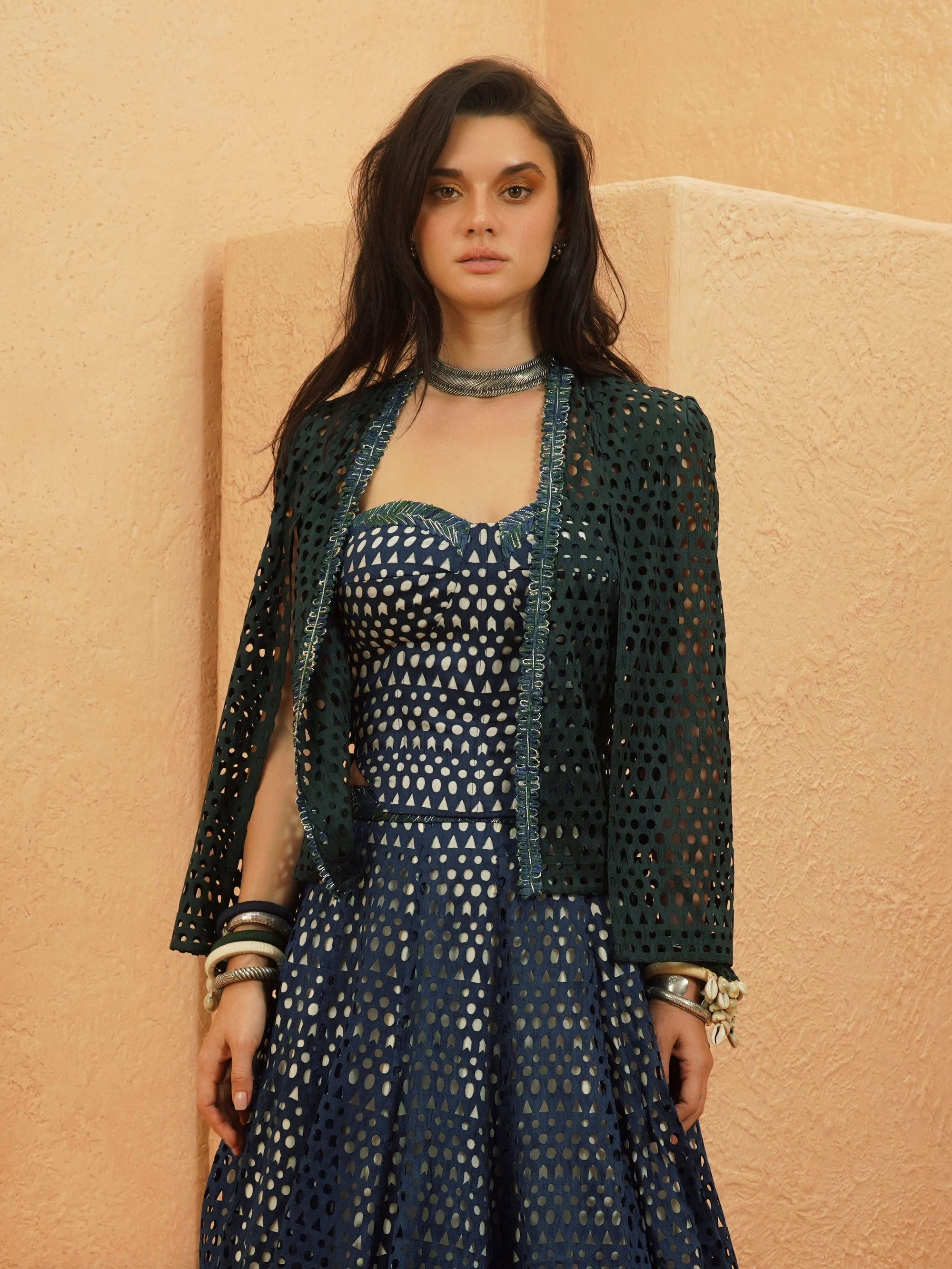 Samaha Cutwork Cape Jacket With Corset And Lehenga