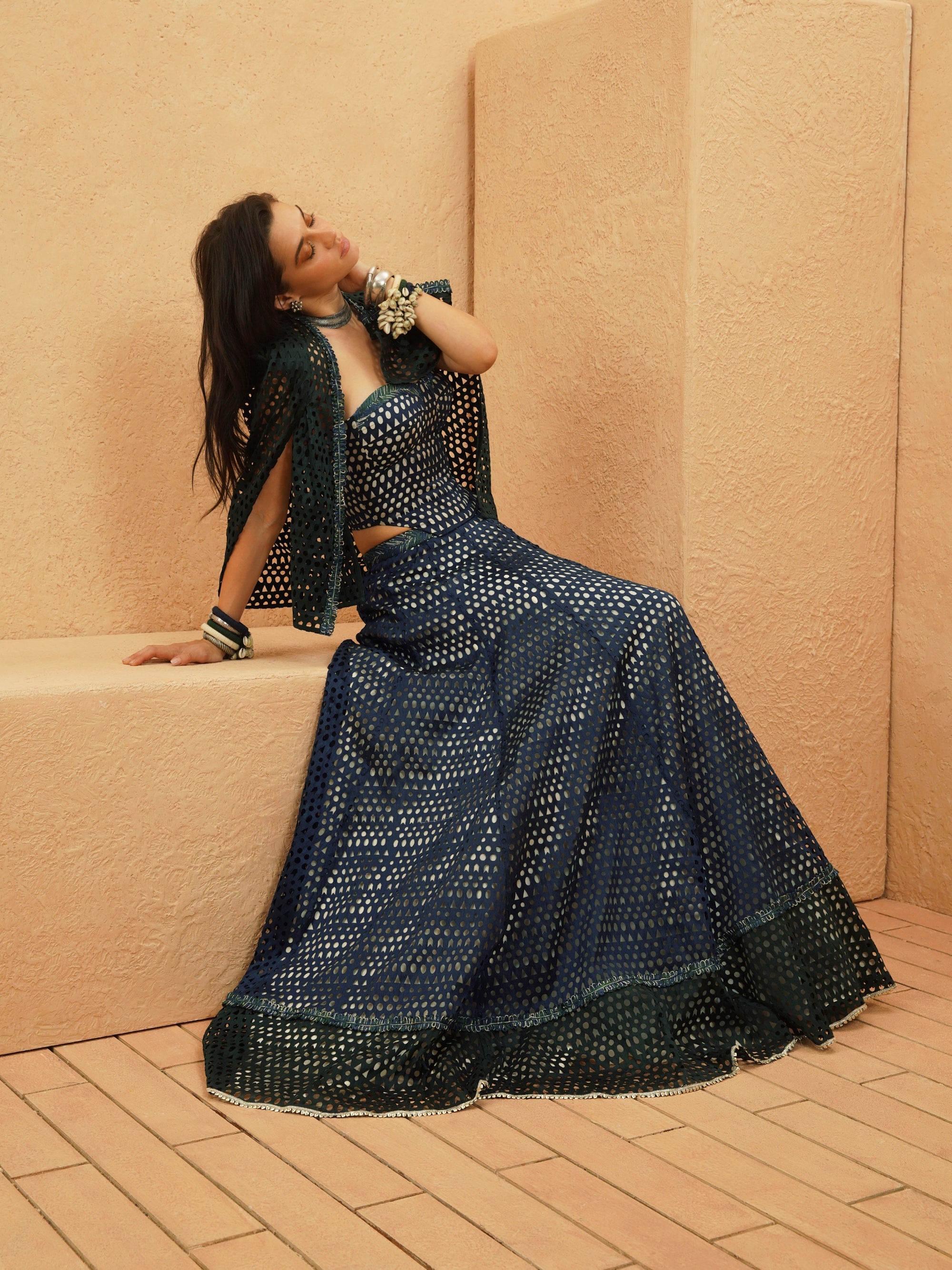 Samaha Cutwork Cape Jacket With Corset And Lehenga