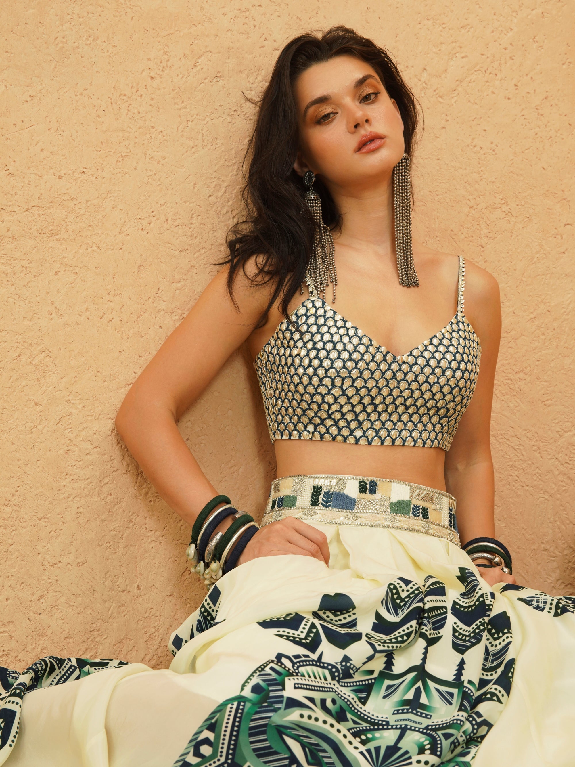 Afreen Mask Pleated Skirt With Metallic Bustier