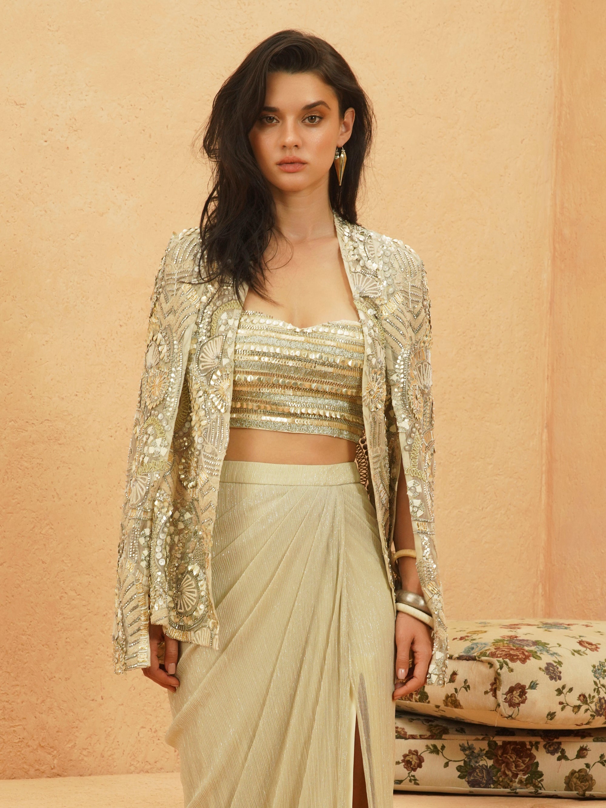 Imani Embellished Cape With Metallic Bustier With Drape Skirt