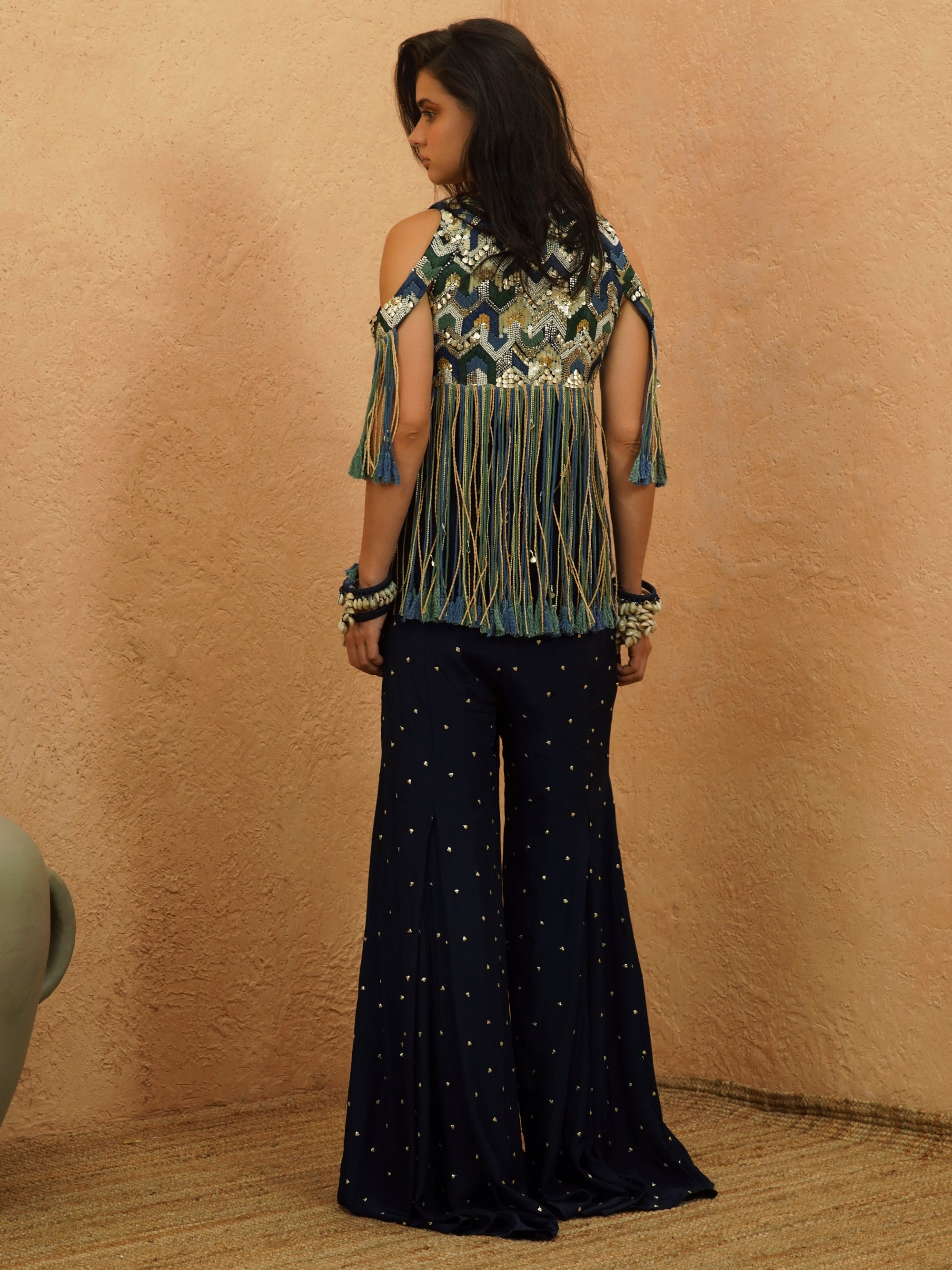 Nadira Cold Shoulder Fringe Jacket And Pant