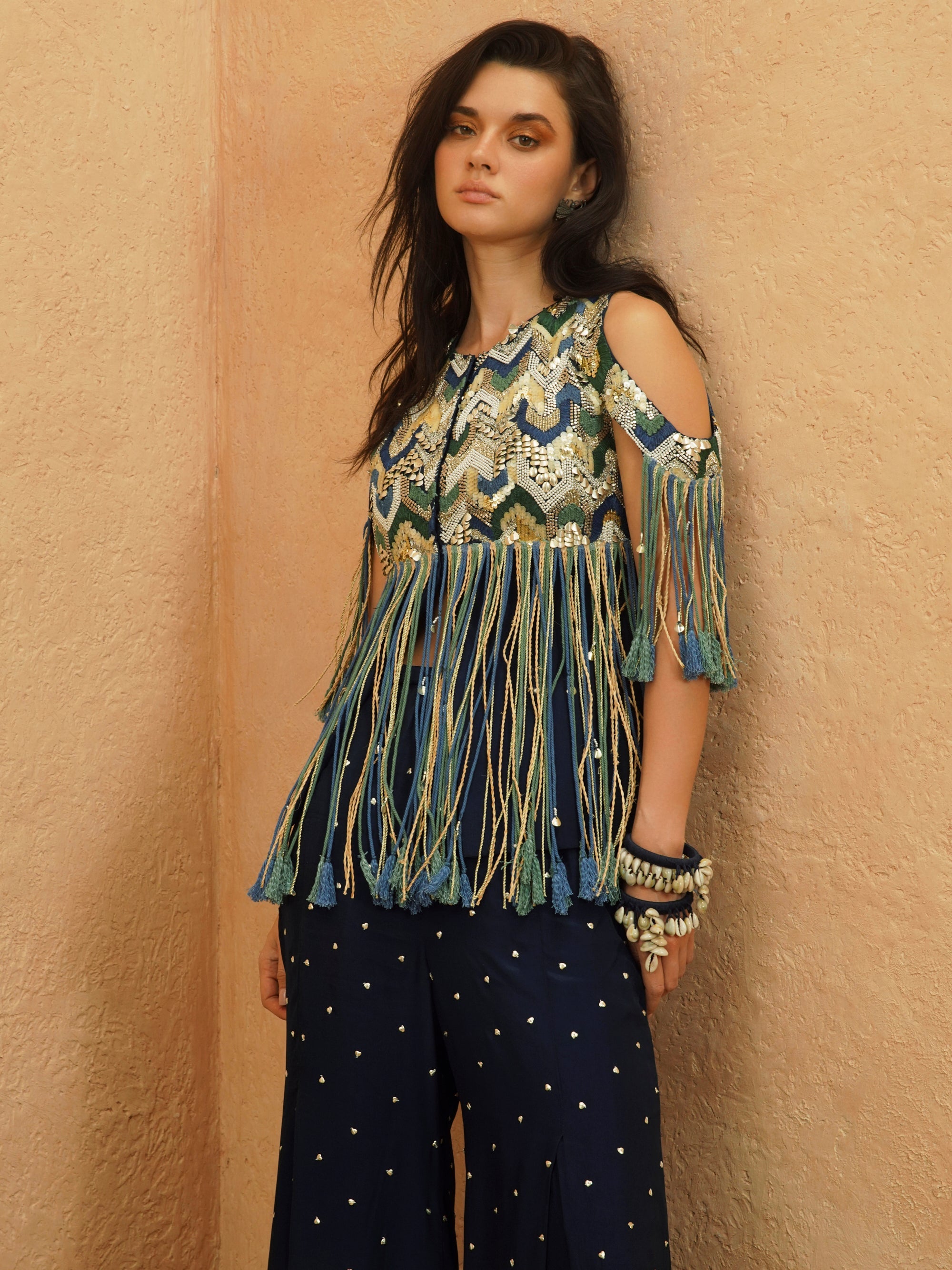 Nadira Cold Shoulder Fringe Jacket And Pant