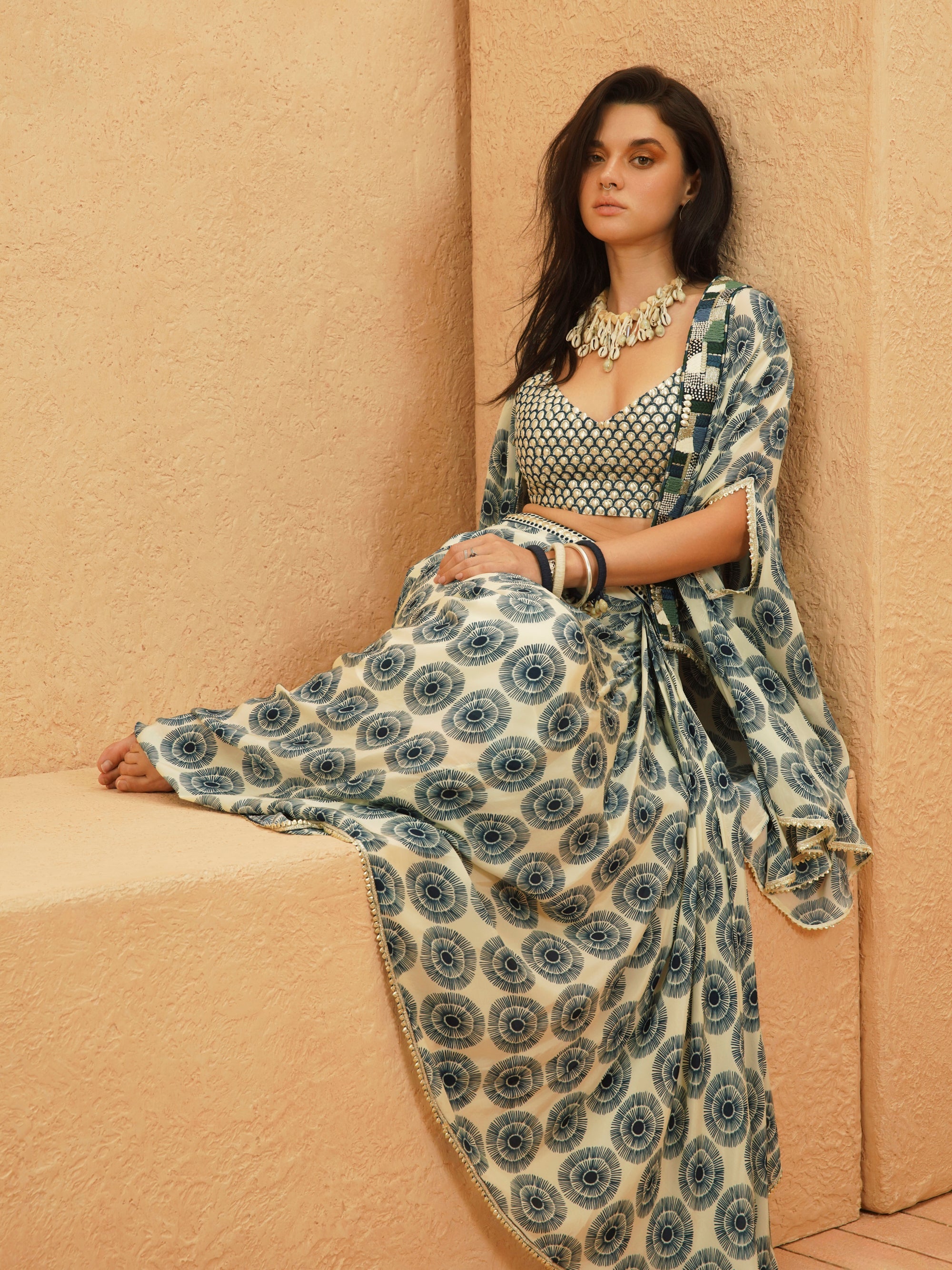 Zayna Cape With Metallic Bustier And Drape Skirt