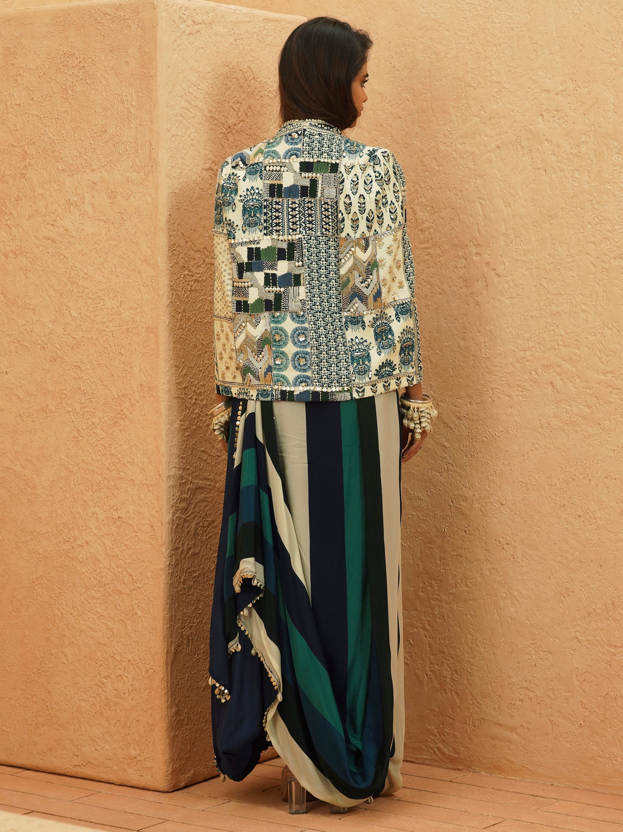 Afreen Cape Jacket With Printed Drape Skirt And Bustier