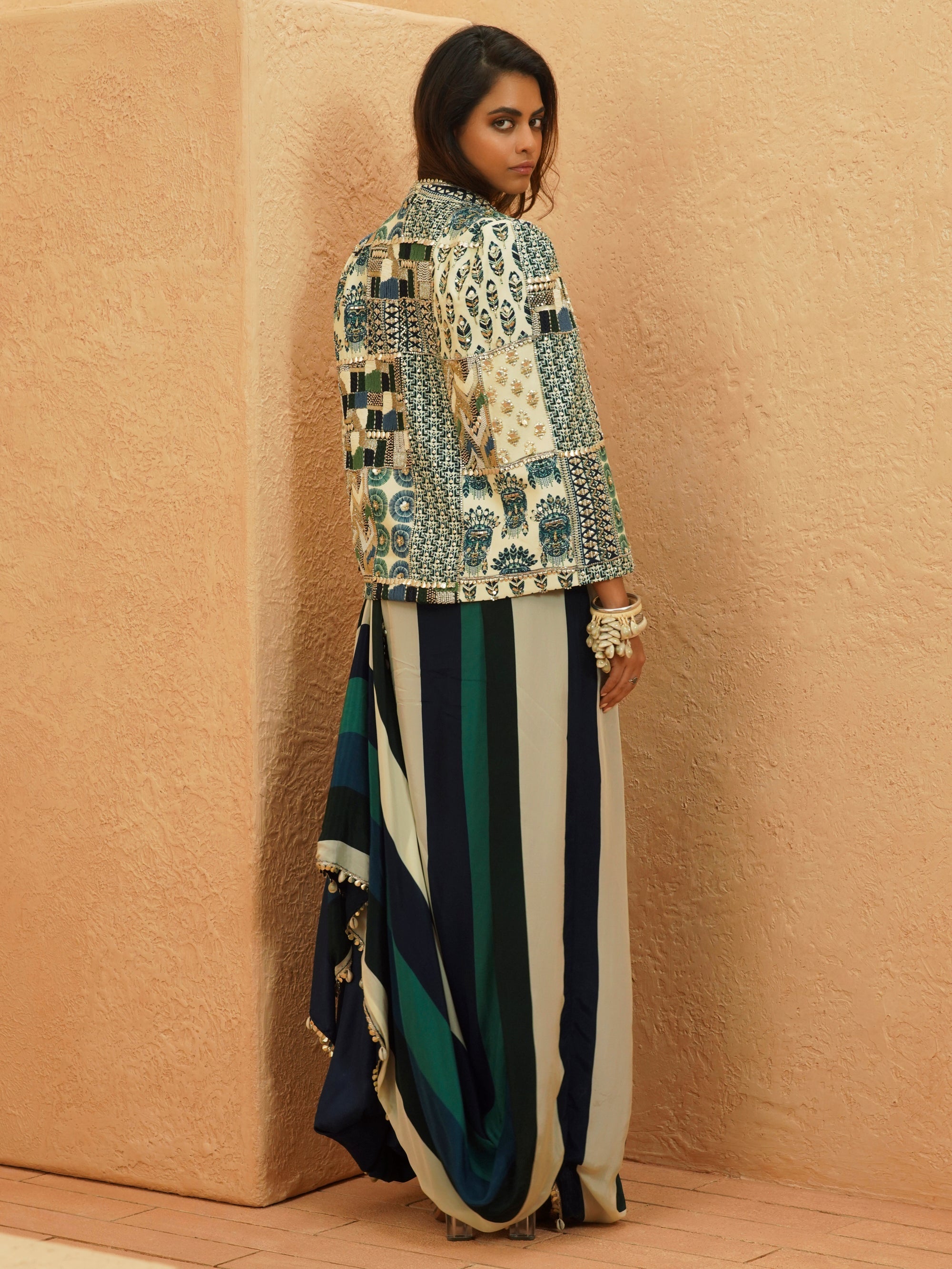 Afreen Cape Jacket With Printed Drape Skirt And Bustier