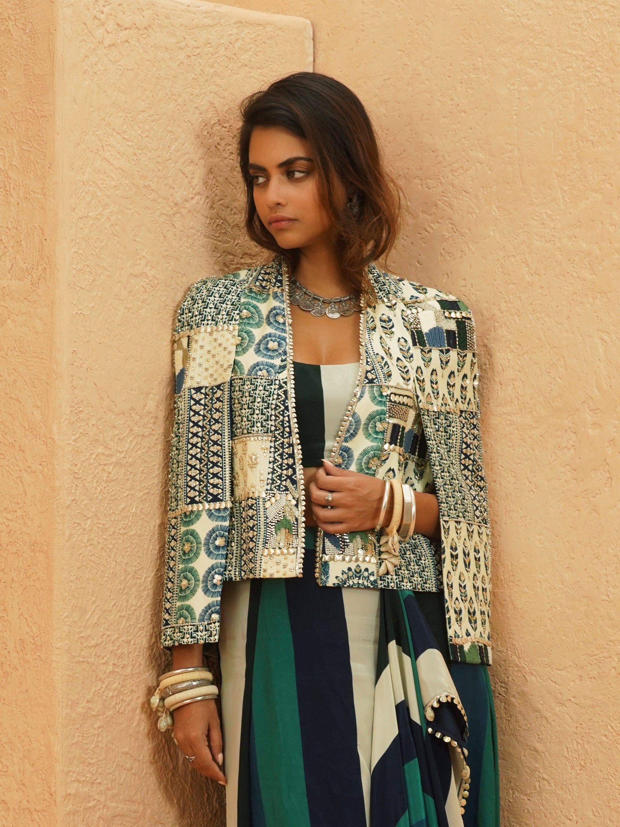 Afreen Cape Jacket With Printed Drape Skirt And Bustier